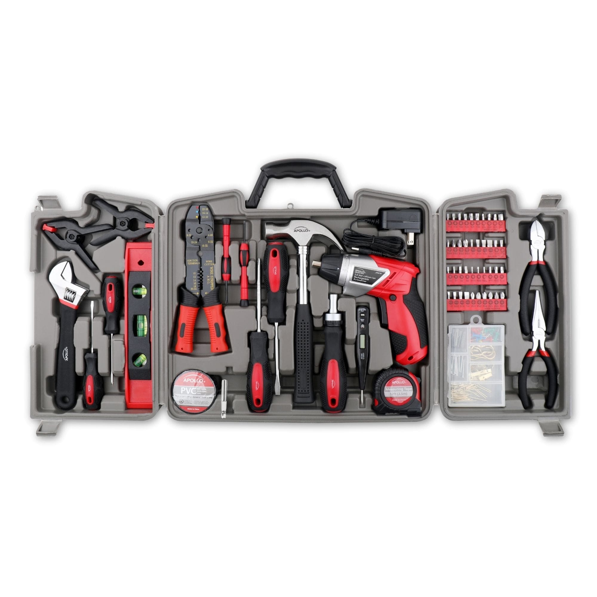 Apollo Tools 161 Piece Household Tool Kit with Convenient 3.6 Volt Lithium Ion Cordless Screwdriver - DT0739 SpadezStore
