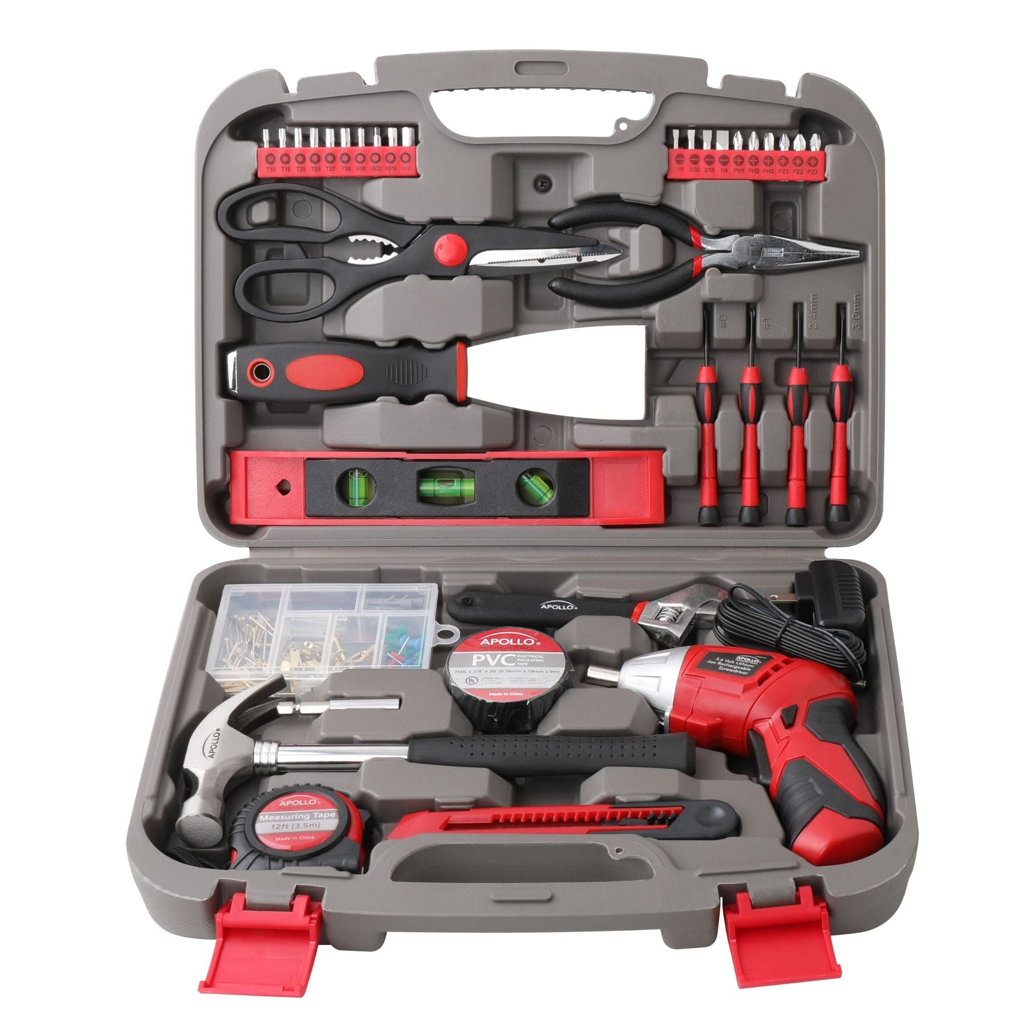 Apollo Tools 135 Piece Household Tool Set with Pivoting Dual-Angle 3.6 Volt Lithium-Ion Cordless Screwdriver - DT0773 SpadezStore
