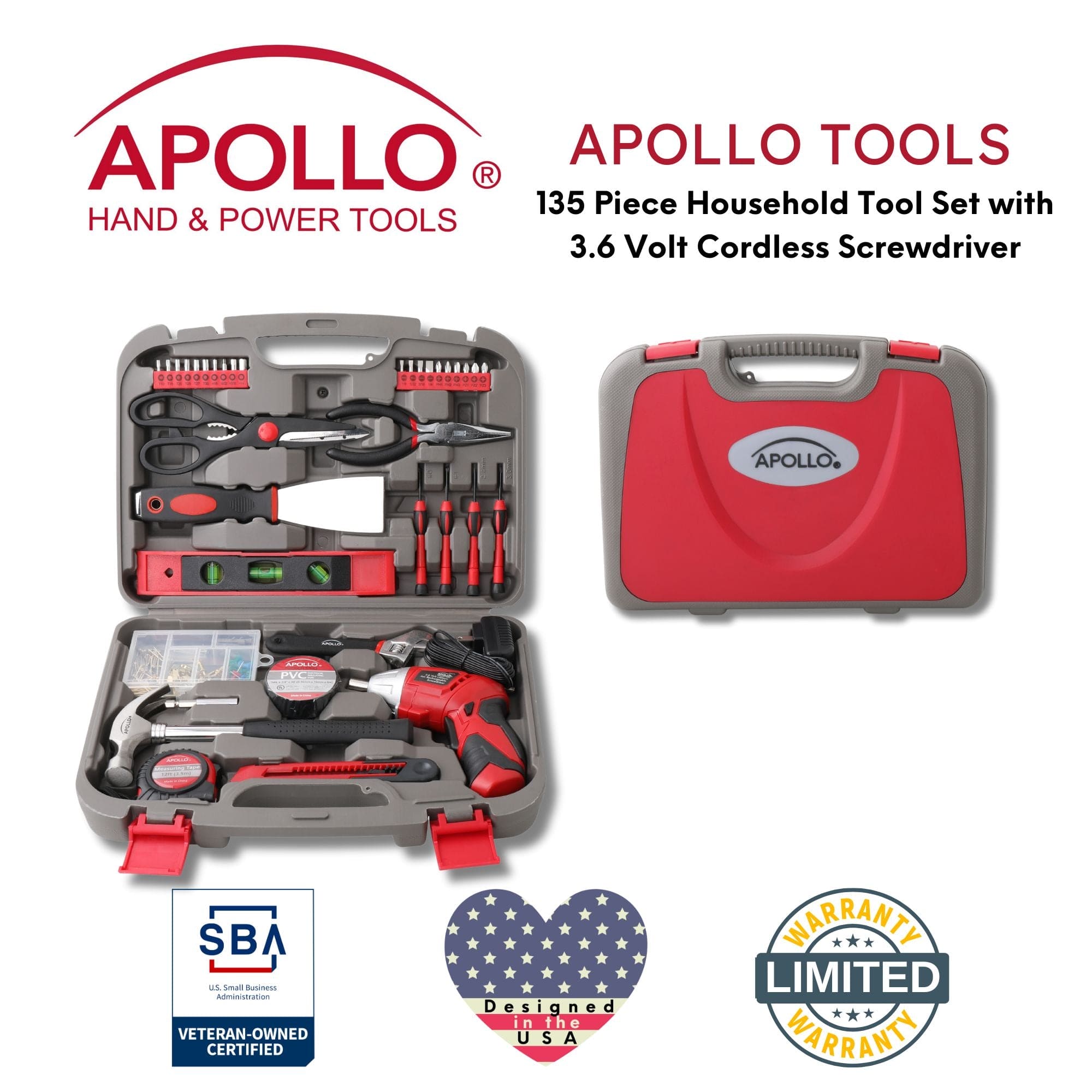 Apollo Tools 135 Piece Household Tool Set with Pivoting Dual-Angle 3.6 Volt Lithium-Ion Cordless Screwdriver - DT0773 SpadezStore