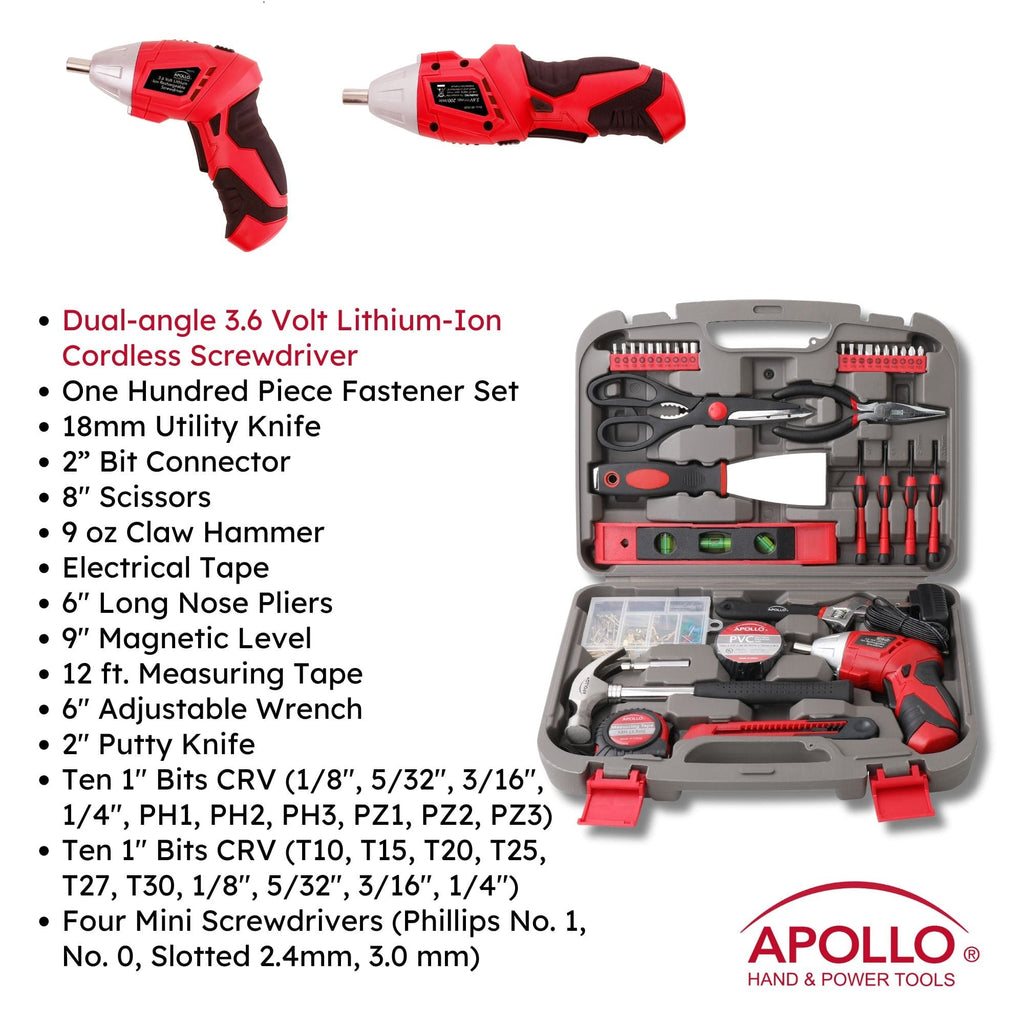 Apollo Tools 135 Piece Household Tool Set with Pivoting Dual-Angle 3.6 Volt Lithium-Ion Cordless Screwdriver - DT0773 SpadezStore
