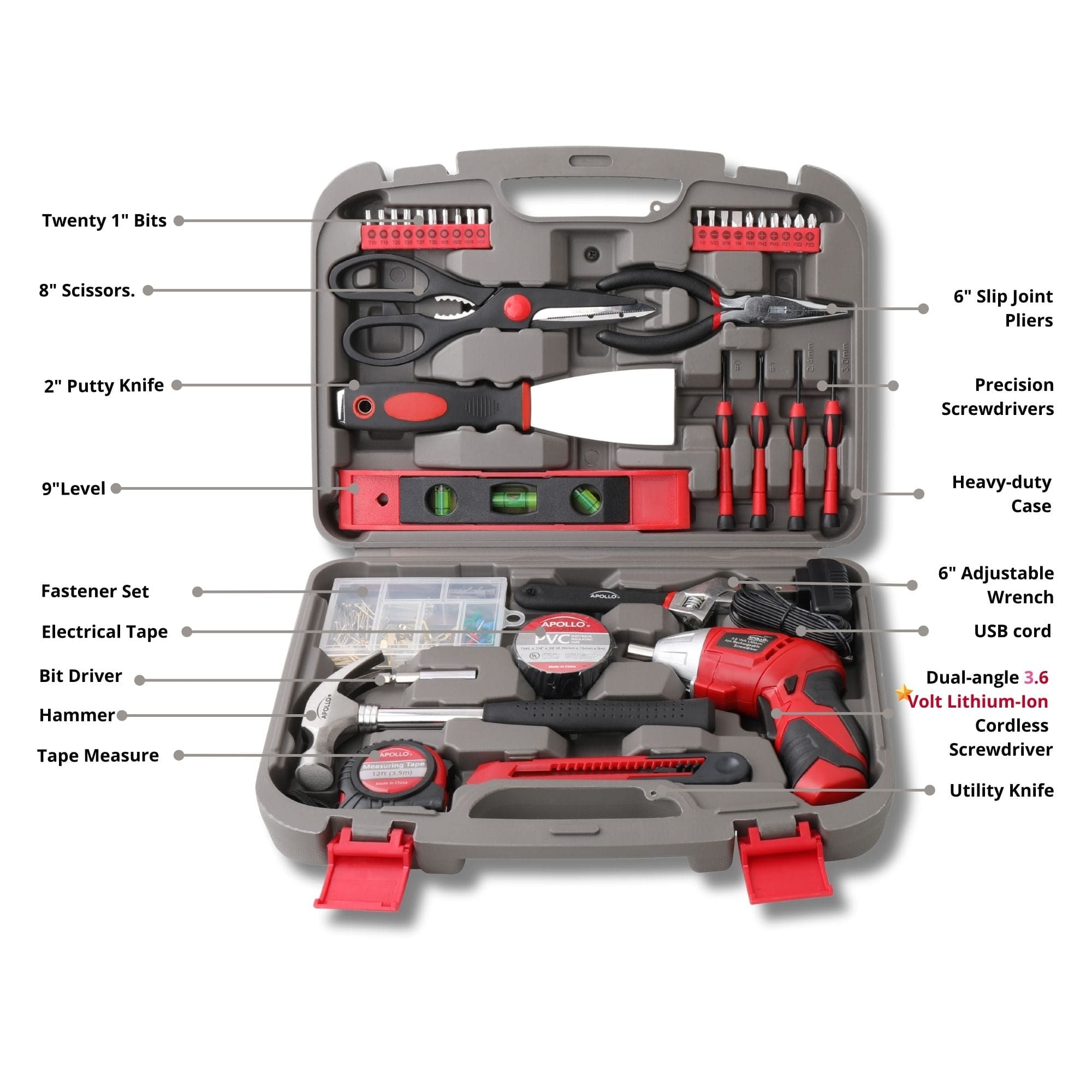 Apollo Tools 135 Piece Household Tool Set with Pivoting Dual-Angle 3.6 Volt Lithium-Ion Cordless Screwdriver - DT0773 SpadezStore