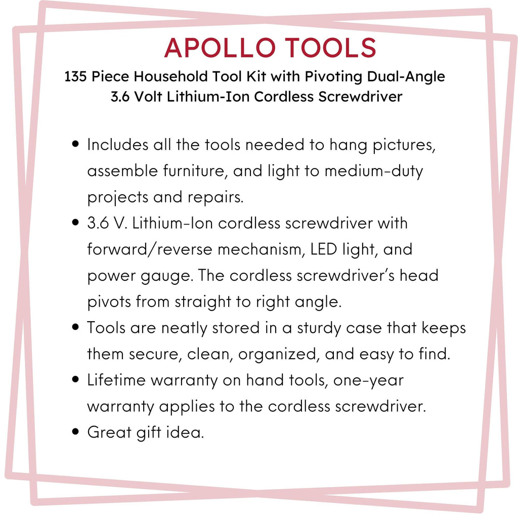 Apollo Tools 135 Piece Household Tool Set with Pivoting Dual-Angle 3.6 Volt Lithium-Ion Cordless Screwdriver - DT0773 SpadezStore