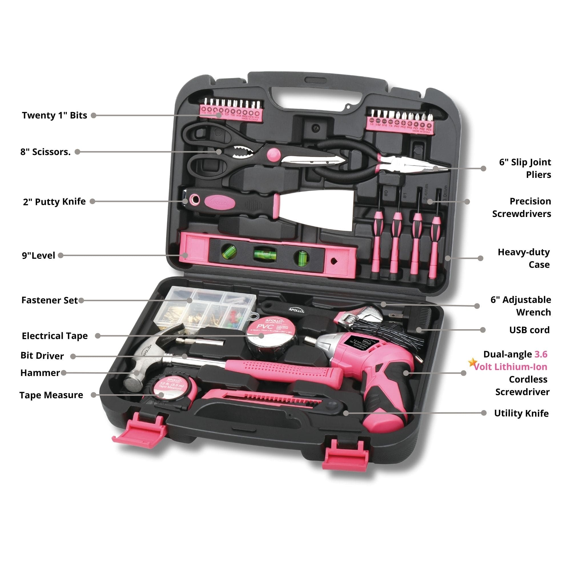 Apollo Tools 135 Piece Household Tool Kit Pink with Pivoting Dual-Angle 3.6 Volt Lithium-Ion Cordless Screwdriver - DT0773N1 SpadezStore
