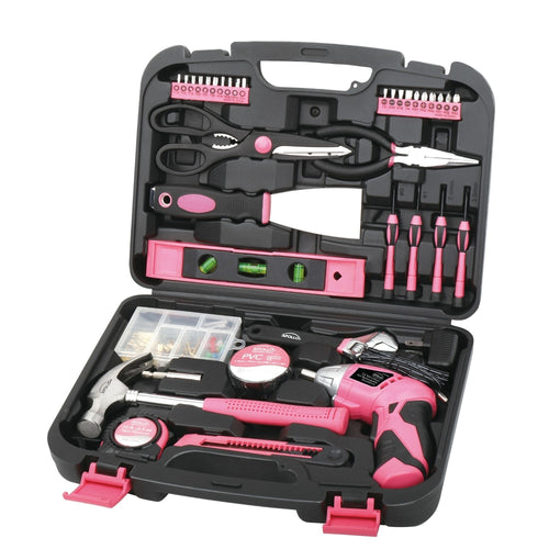 Apollo Tools 135 Piece Household Tool Kit Pink with Pivoting Dual-Angle 3.6 Volt Lithium-Ion Cordless Screwdriver - DT0773N1 SpadezStore
