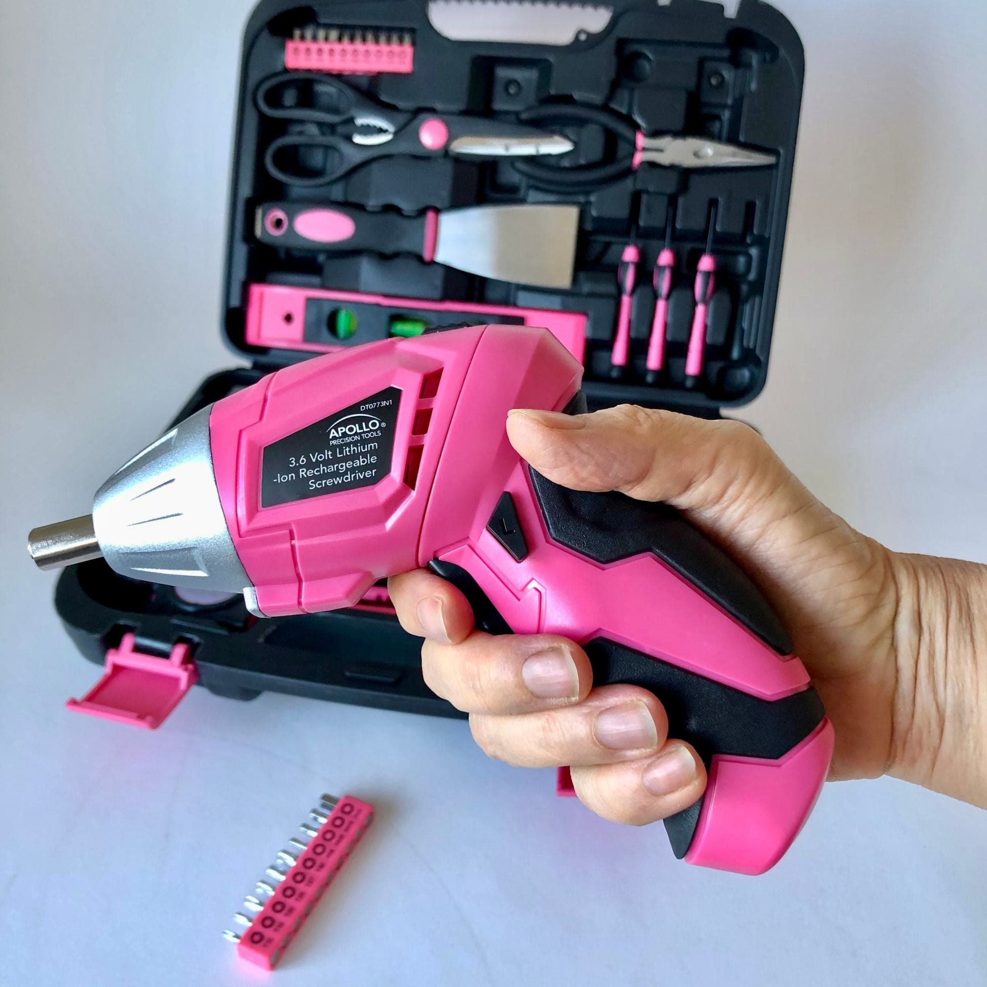 Apollo Tools 135 Piece Household Tool Kit Pink with Pivoting Dual-Angle 3.6 Volt Lithium-Ion Cordless Screwdriver - DT0773N1 SpadezStore