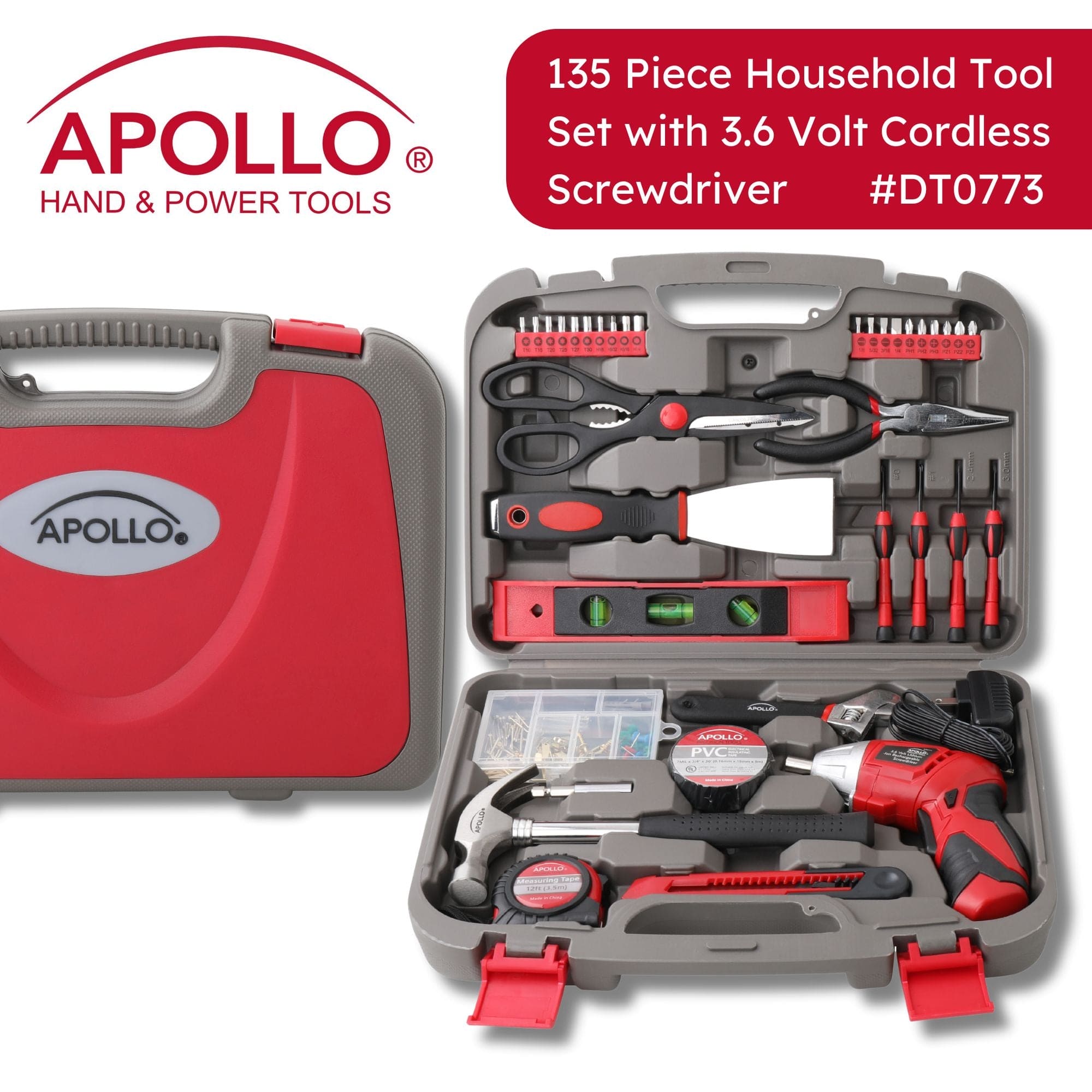 Apollo Tools 135 Piece Household Tool Set with Pivoting Dual-Angle 3.6 Volt Lithium-Ion Cordless Screwdriver - DT0773 SpadezStore