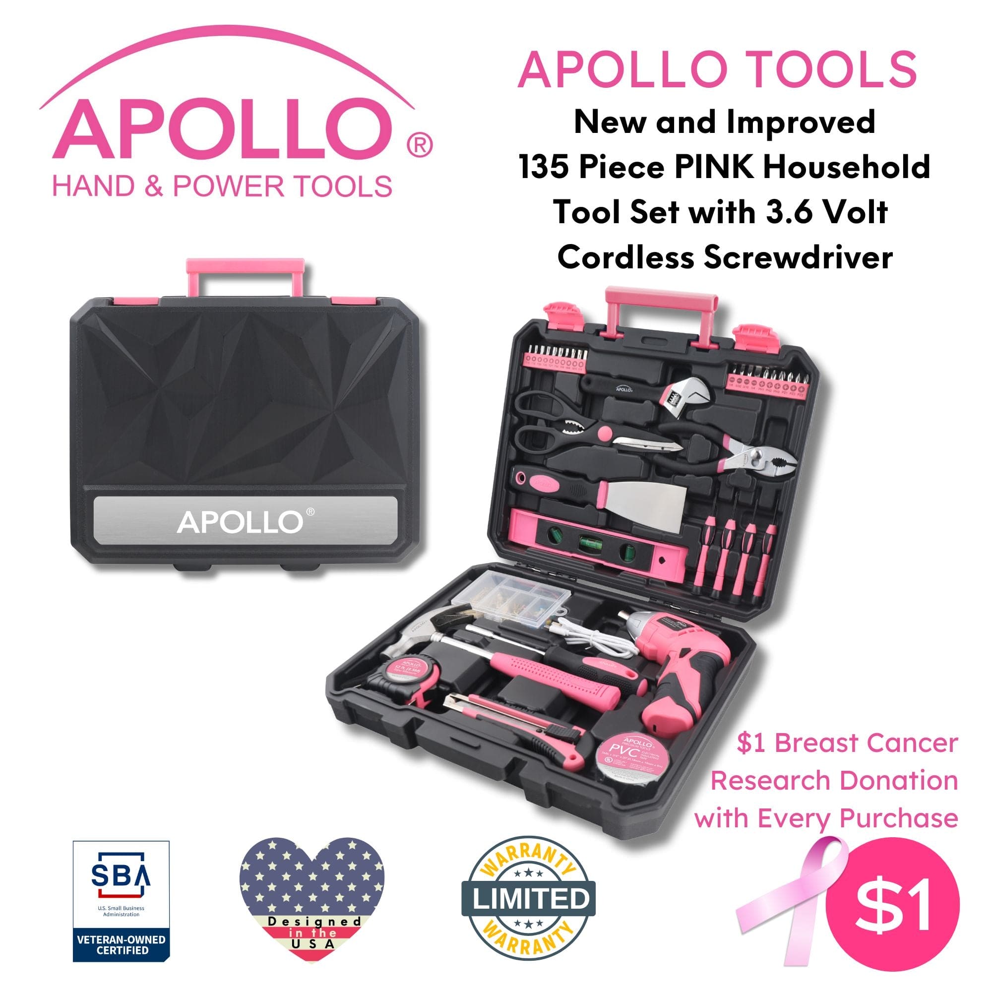 Apollo Tools New and Improved 135 Piece Pink Household Tool Set with Pivoting Dual-Angle 3.6 Volt Lithium-Ion Cordless Screwdriver in Hard Case - DT0774P SpadezStore