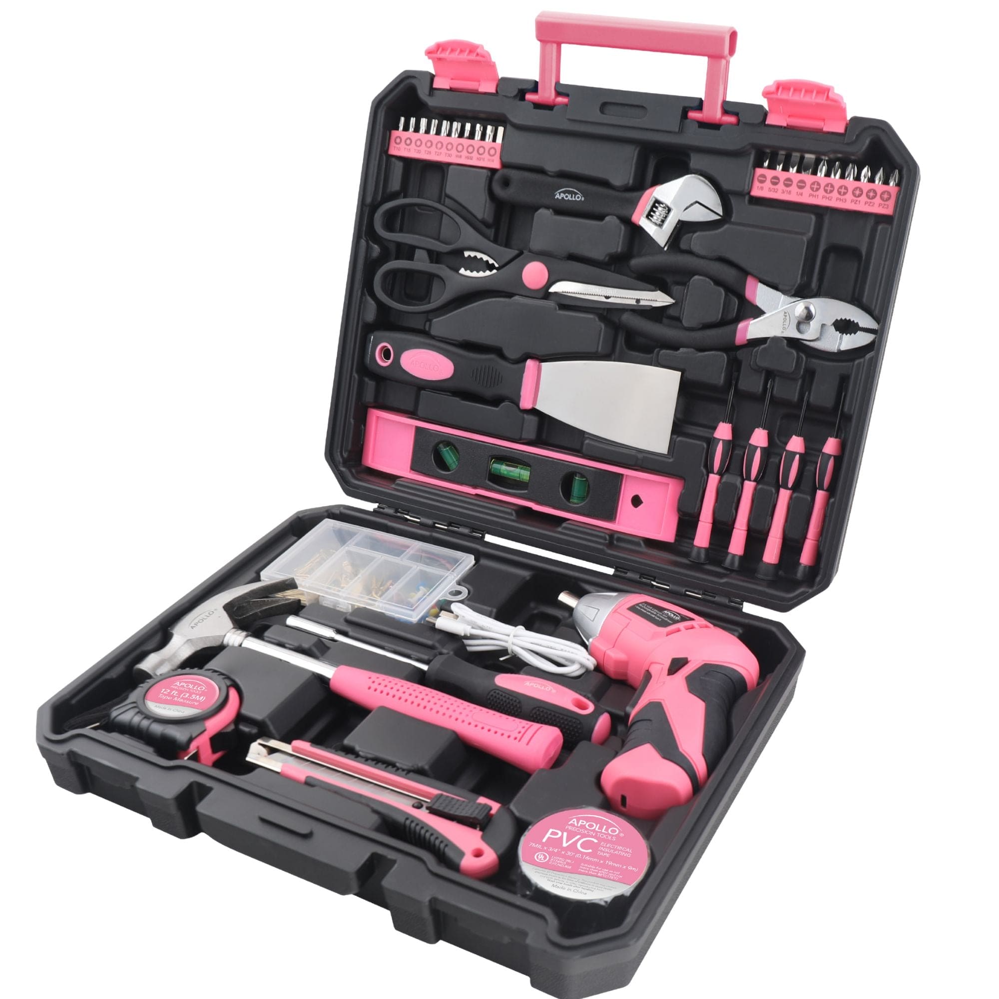 Apollo Tools New and Improved 135 Piece Pink Household Tool Set with Pivoting Dual-Angle 3.6 Volt Lithium-Ion Cordless Screwdriver in Hard Case - DT0774P SpadezStore