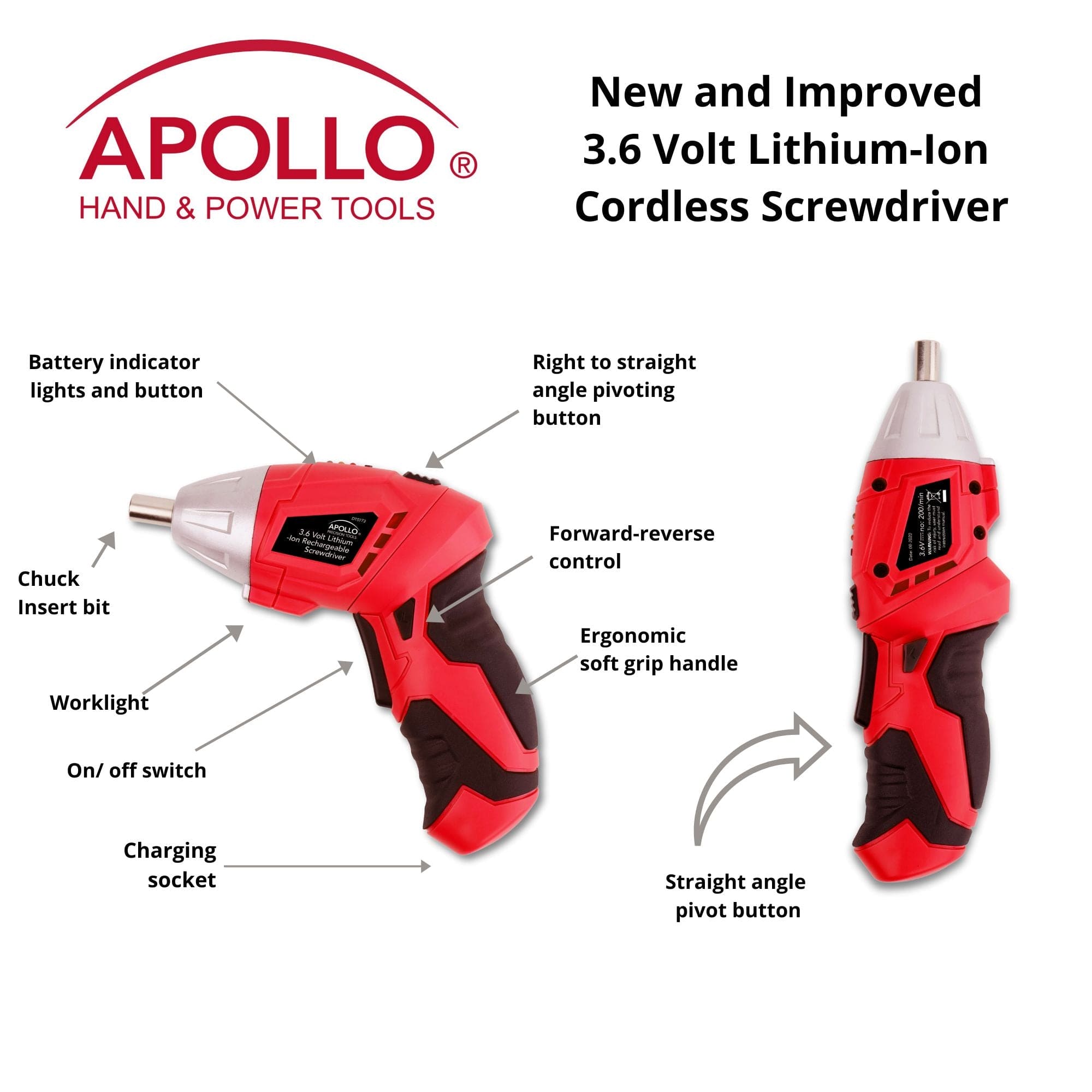 Apollo Tools 135 Piece Household Tool Set with Pivoting Dual-Angle 3.6 Volt Lithium-Ion Cordless Screwdriver - DT0773 SpadezStore