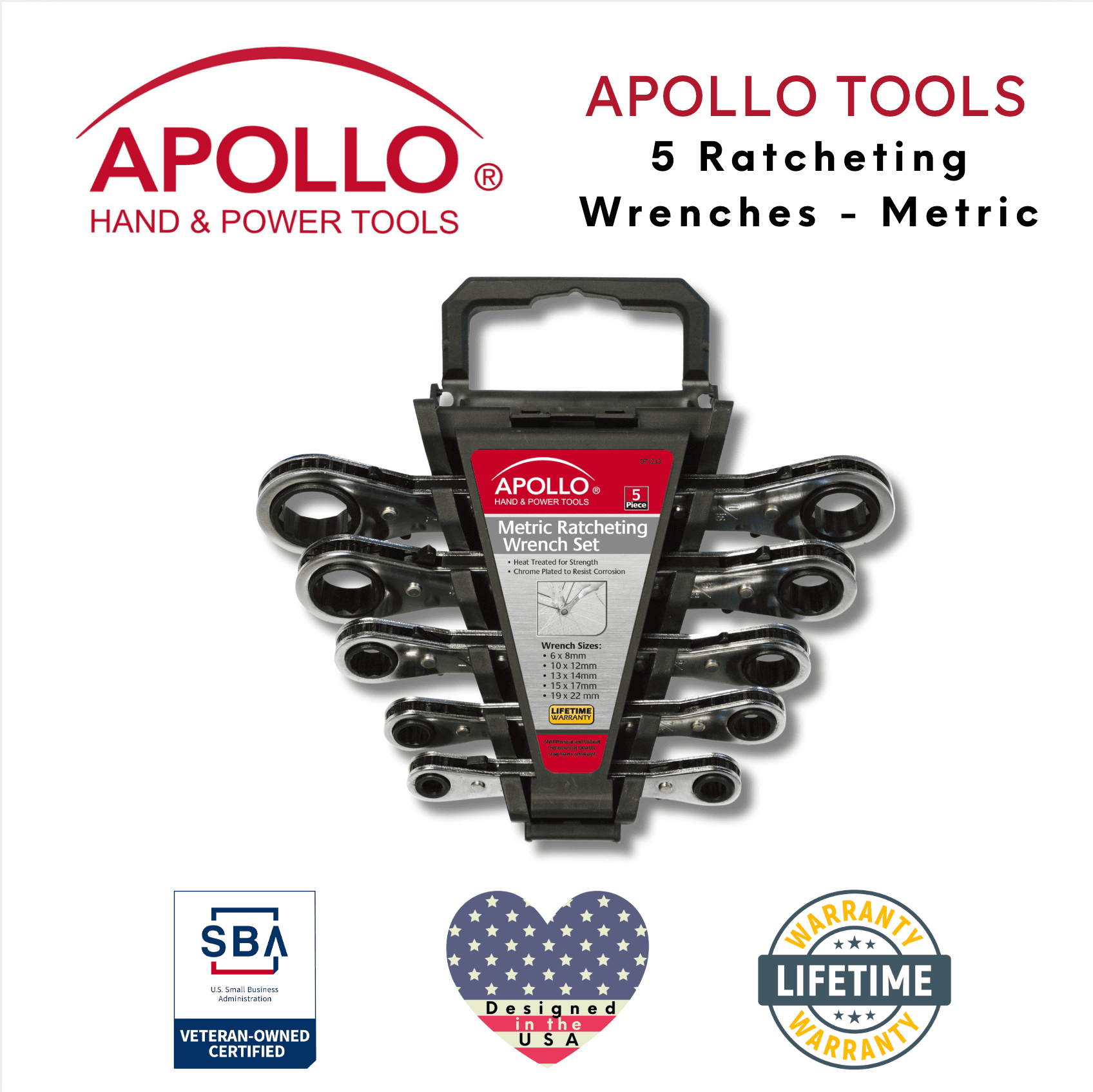 Apollo Tools 5 Ratcheting Wrenches - Metric - DT1213 SpadezStore