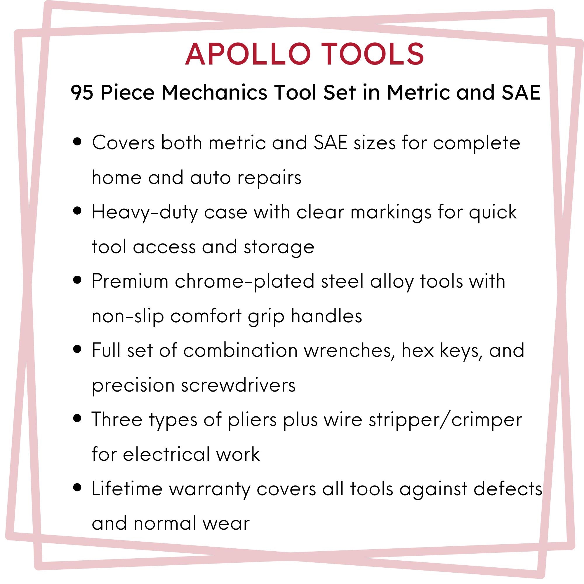Apollo Tools 95 Piece Mechanics Tool Set in Metric and SAE for Small Engine, Mechanical and General Repairs – DT1242 SpadezStore