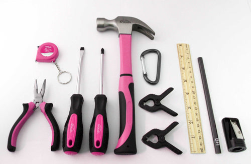 Apollo Tools 14 Piece My First Tool Kit Educational Tool Set with Pink Tool Bag, Real Pink Tools, and Safety Gear -DT4936P SpadezStore