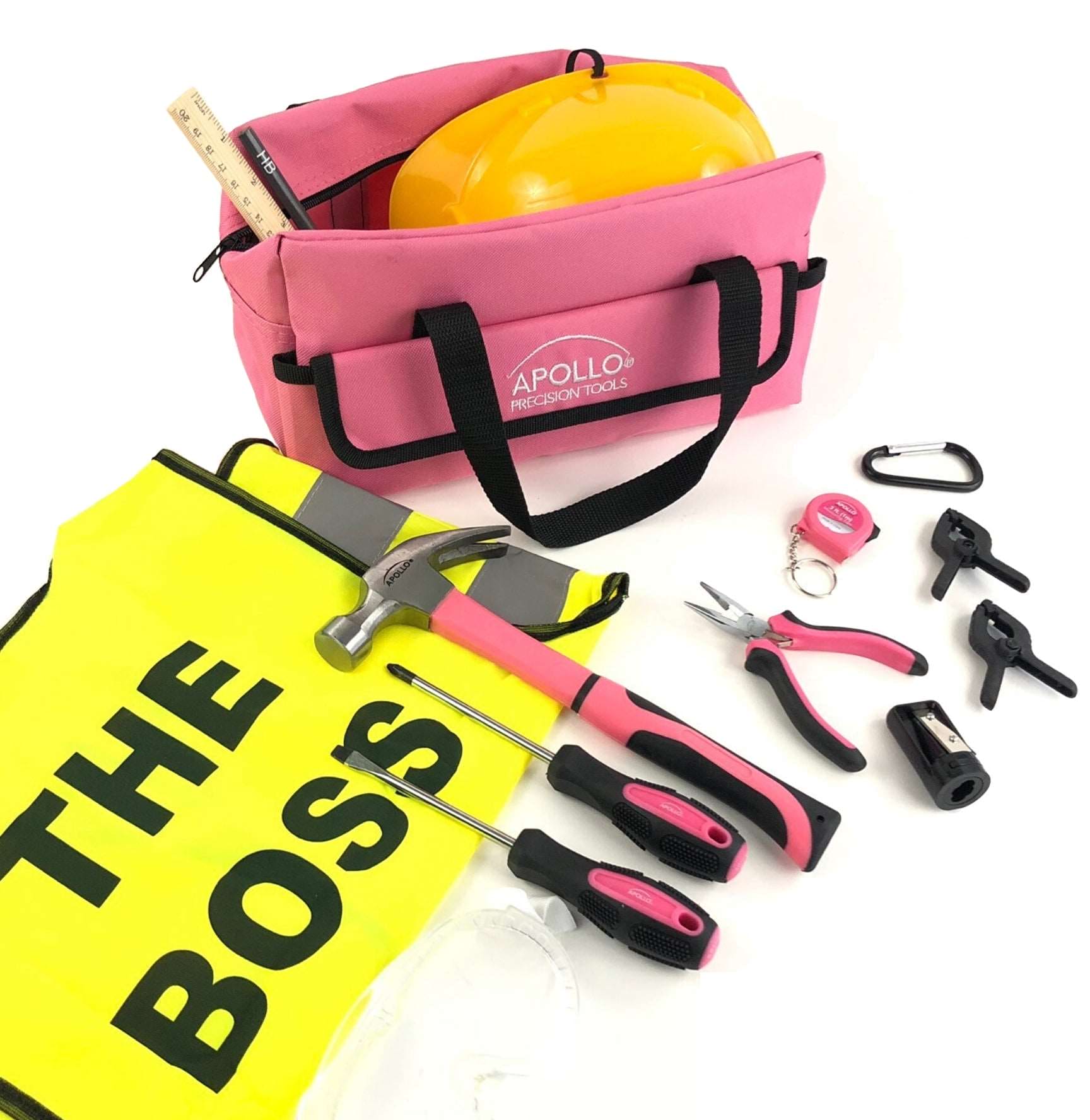 Apollo Tools 14 Piece My First Tool Kit Educational Tool Set with Pink Tool Bag, Real Pink Tools, and Safety Gear -DT4936P SpadezStore