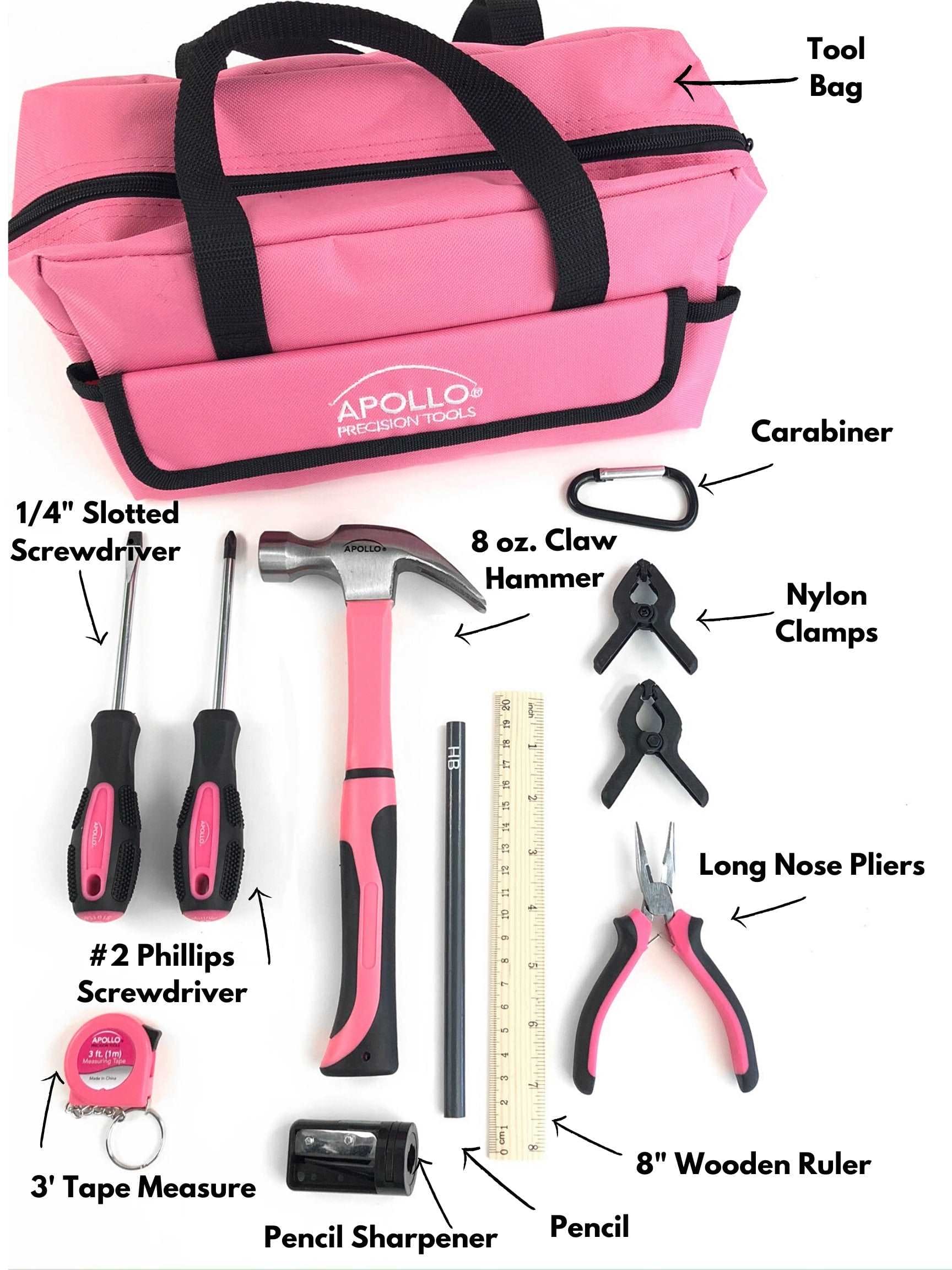 Apollo Tools 14 Piece My First Tool Kit Educational Tool Set with Pink Tool Bag, Real Pink Tools, and Safety Gear -DT4936P SpadezStore