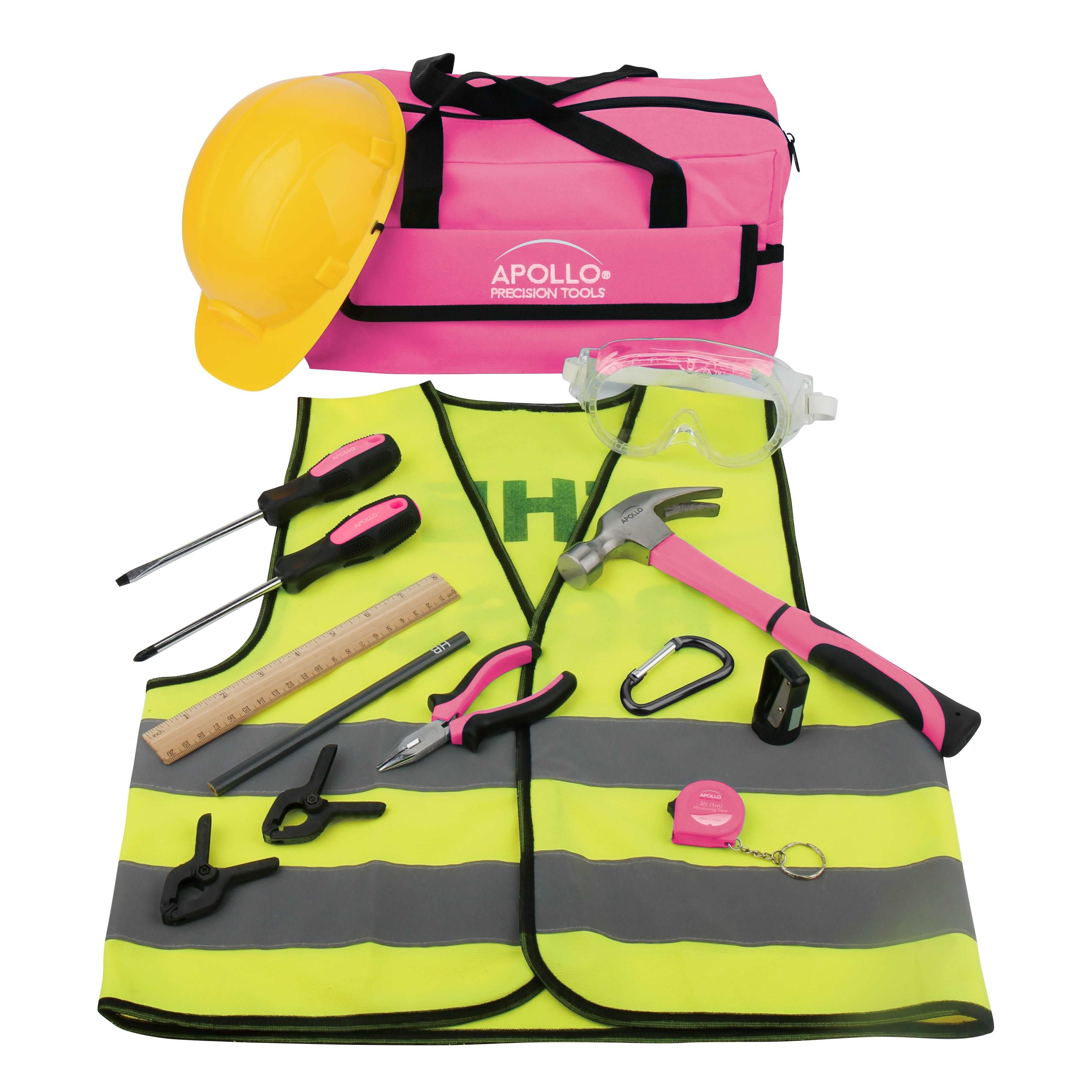 Apollo Tools 14 Piece My First Tool Kit Educational Tool Set with Pink Tool Bag, Real Pink Tools, and Safety Gear -DT4936P SpadezStore