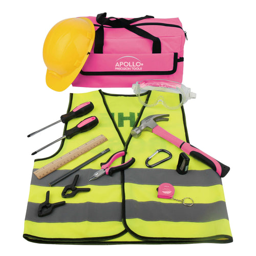Apollo Tools 14 Piece My First Tool Kit Educational Tool Set with Pink Tool Bag, Real Pink Tools, and Safety Gear -DT4936P SpadezStore