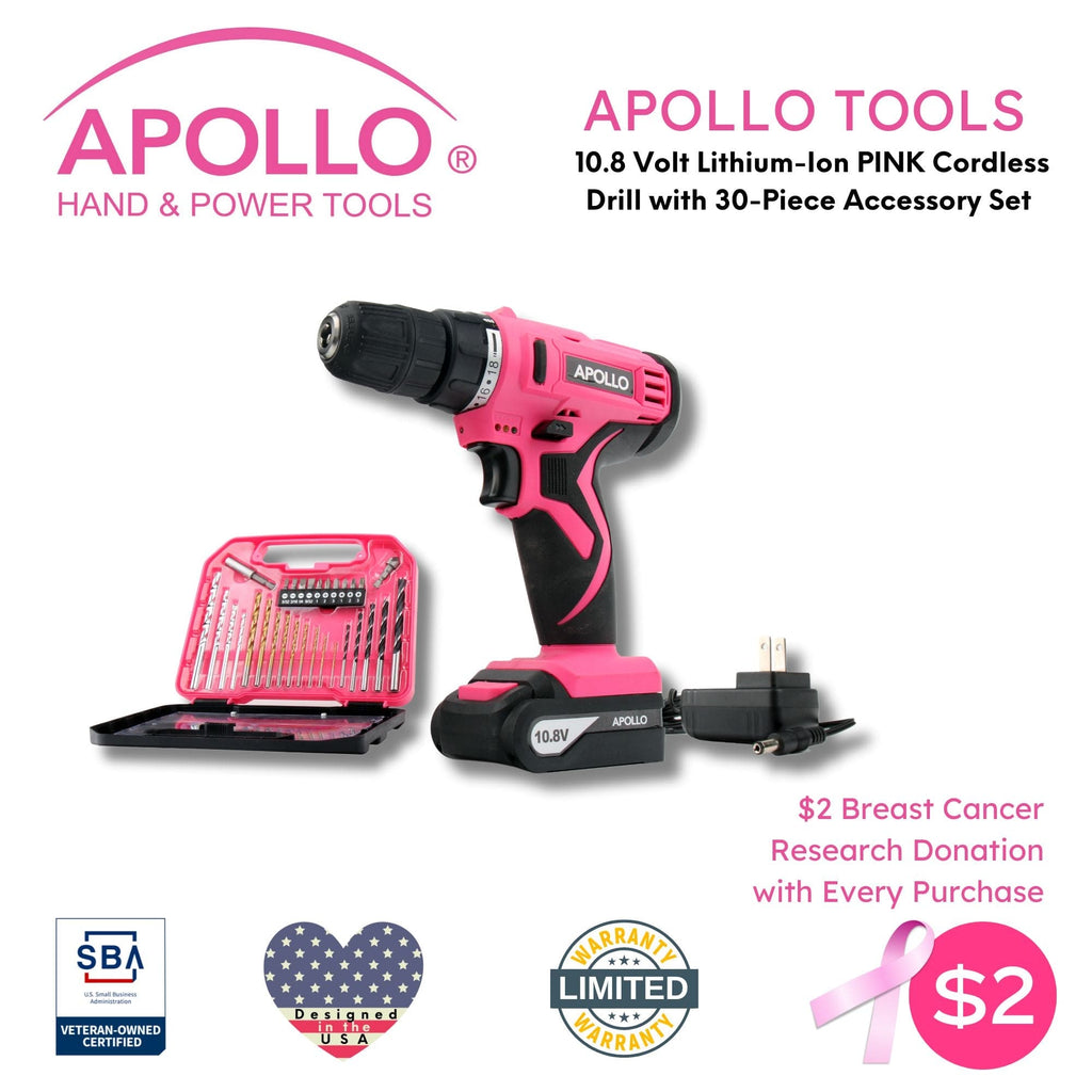 Apollo Tools 10.8 Volt Lithium-Ion Cordless Drill with 30 Piece Accessory Set PINK - DT4937P SpadezStore
