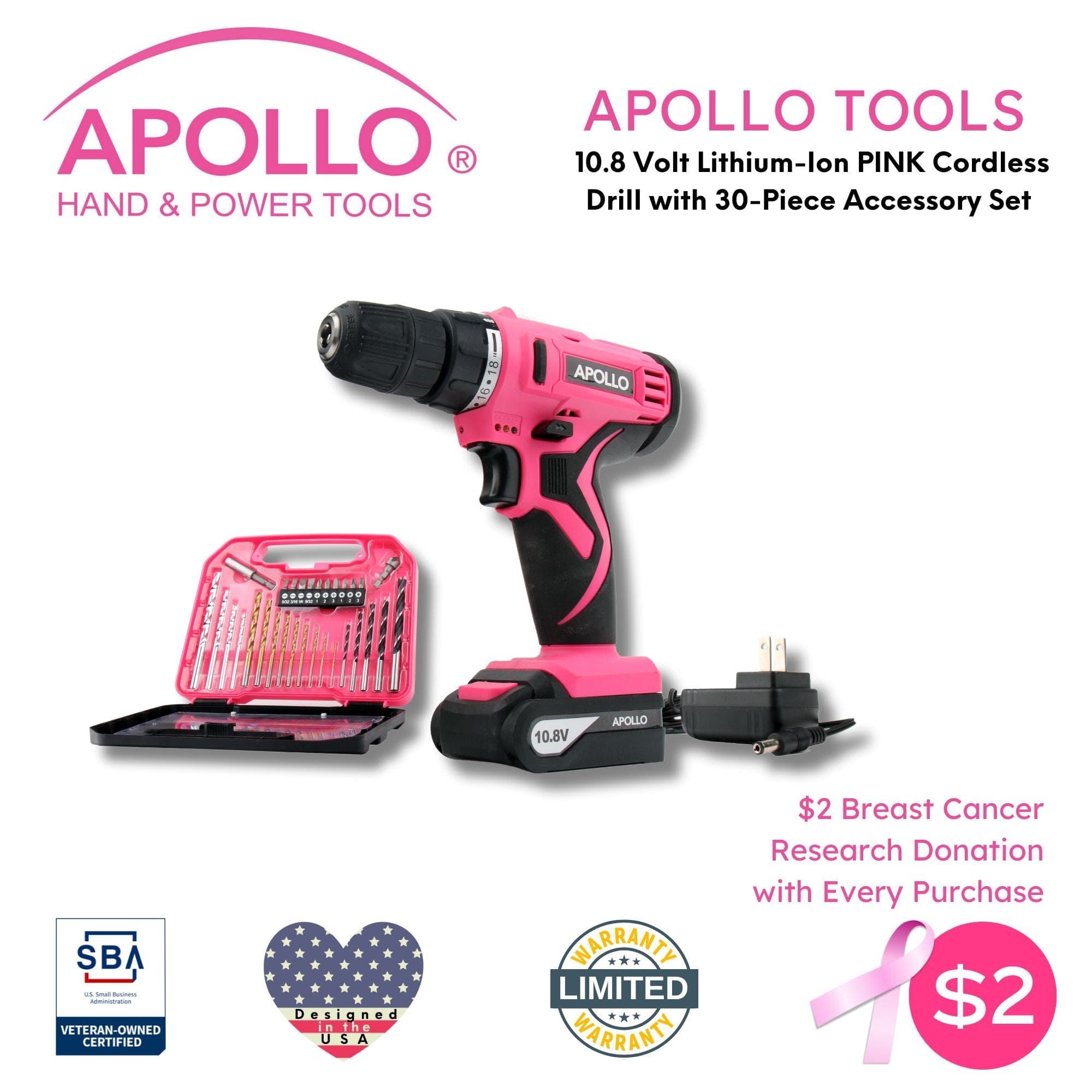 Apollo Tools 10.8 Volt Lithium-Ion Cordless Drill with 30 Piece Accessory Set PINK - DT4937P SpadezStore