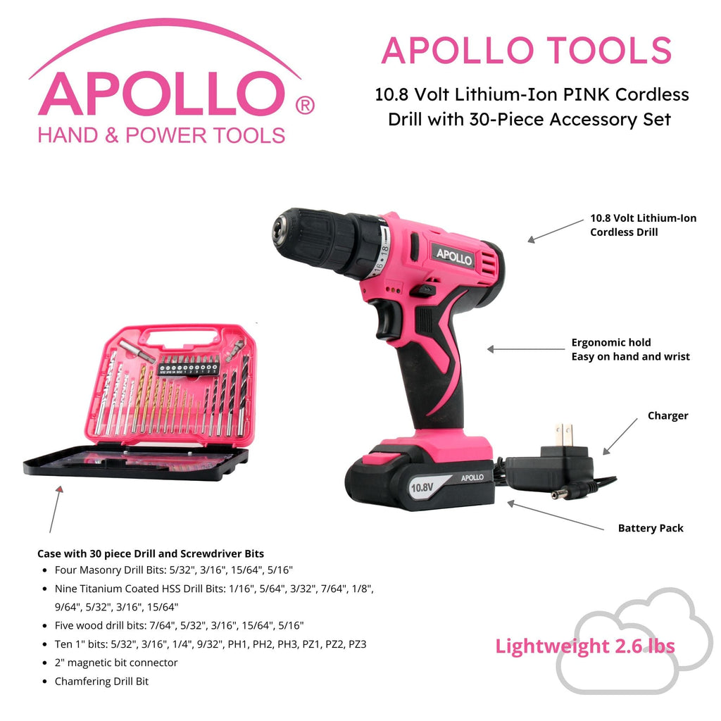 Apollo Tools 10.8 Volt Lithium-Ion Cordless Drill with 30 Piece Accessory Set PINK - DT4937P SpadezStore