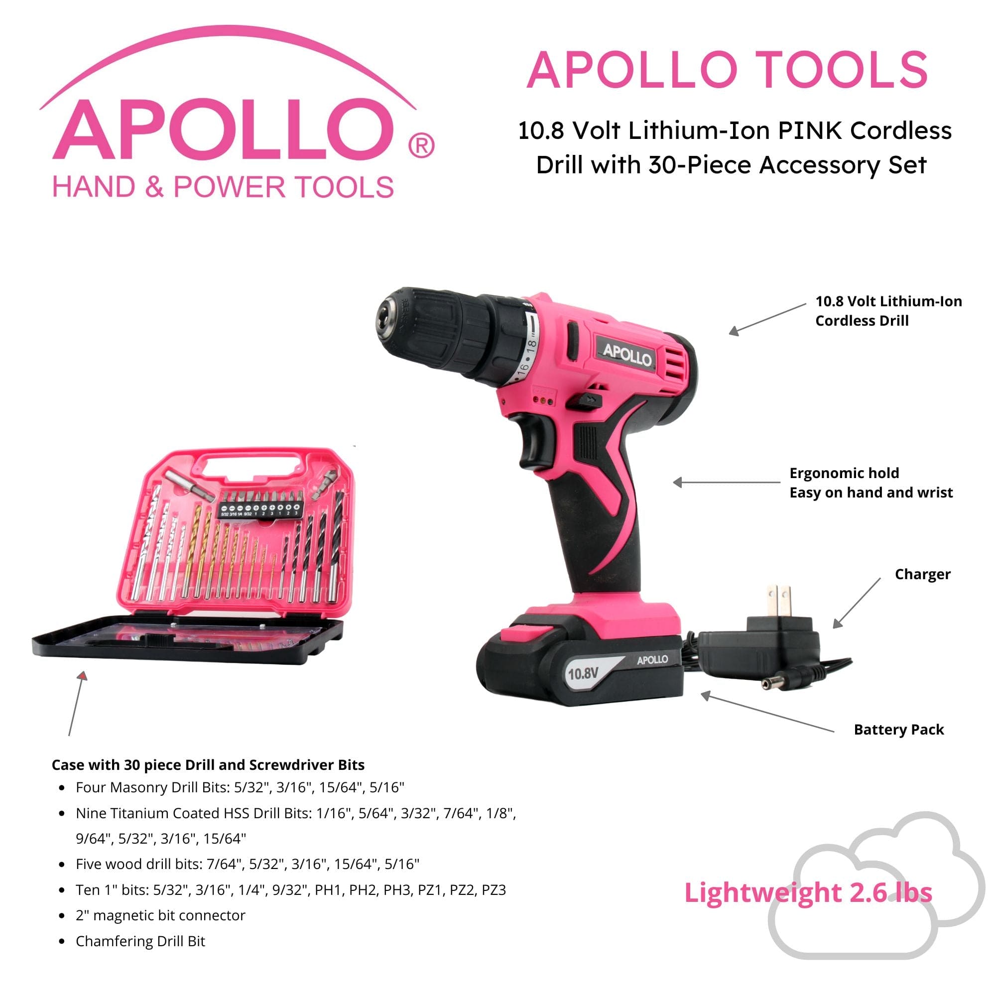 Apollo Tools 10.8 Volt Lithium-Ion Cordless Drill with 30 Piece Accessory Set PINK - DT4937P SpadezStore