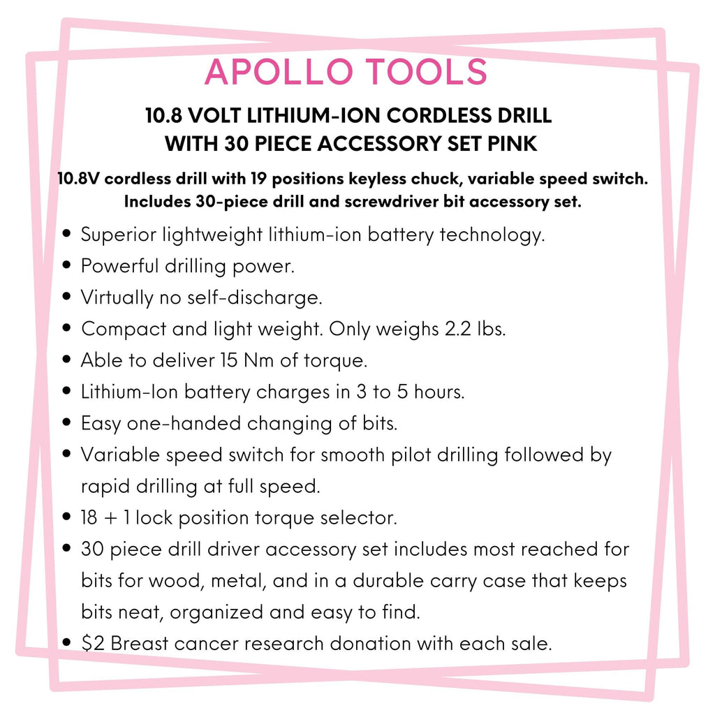 Apollo Tools 10.8 Volt Lithium-Ion Cordless Drill with 30 Piece Accessory Set PINK - DT4937P SpadezStore