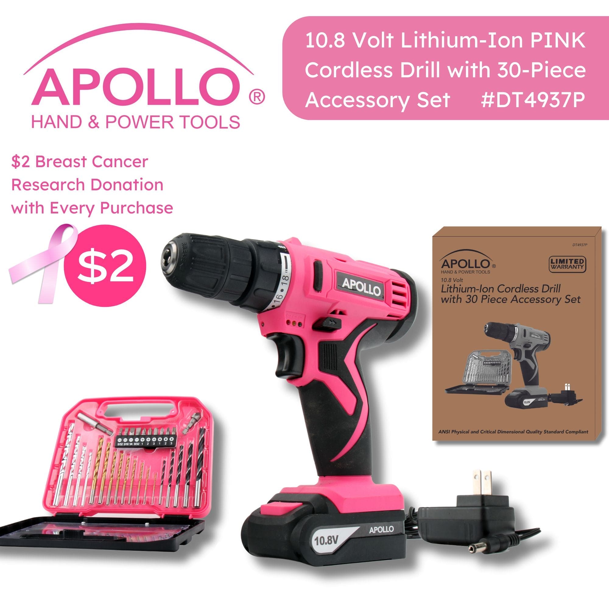 Apollo Tools 10.8 Volt Lithium-Ion Cordless Drill with 30 Piece Accessory Set PINK - DT4937P SpadezStore