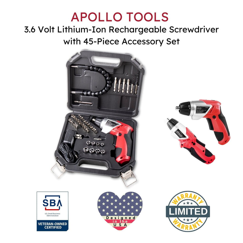 Apollo Tools 3.6 Volt Lithium-Ion Rechargeable Screwdriver with 45 Pieces Accessory Set - DT4944 SpadezStore