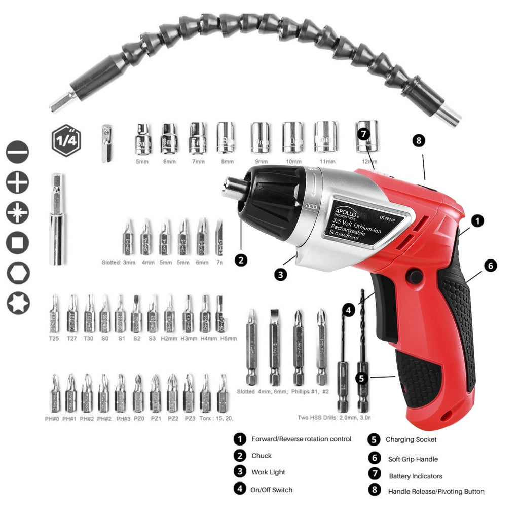Apollo Tools 3.6 Volt Lithium-Ion Rechargeable Screwdriver with 45 Pieces Accessory Set - DT4944 SpadezStore