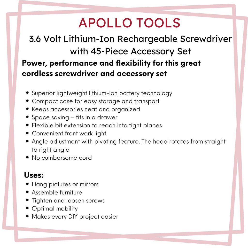 Apollo Tools 3.6 Volt Lithium-Ion Rechargeable Screwdriver with 45 Pieces Accessory Set - DT4944 SpadezStore