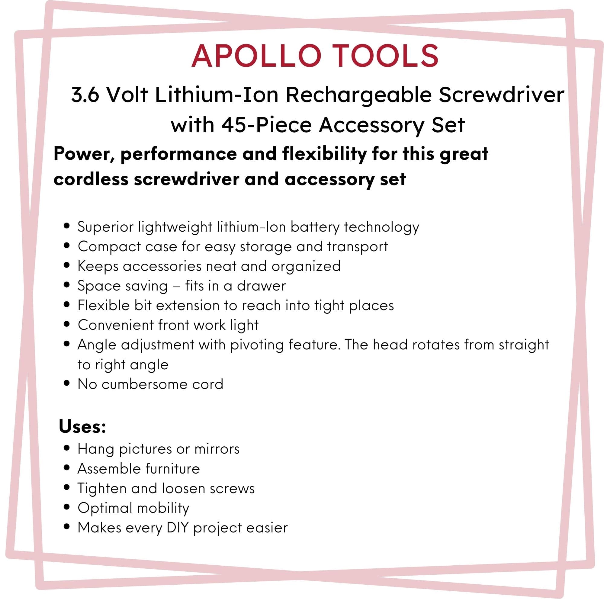 Apollo Tools 3.6 Volt Lithium-Ion Rechargeable Screwdriver with 45 Pieces Accessory Set - DT4944 SpadezStore