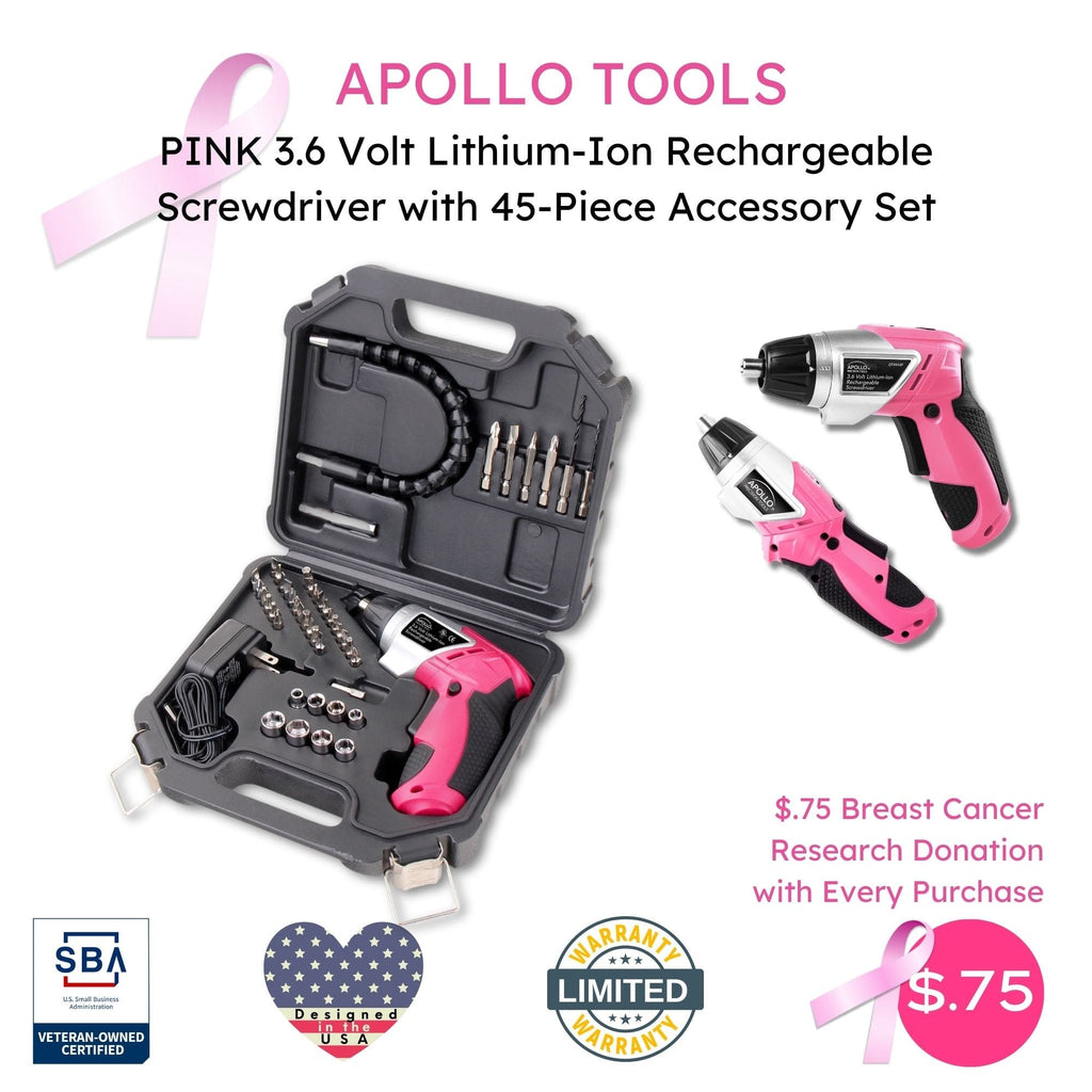 Apollo Tools 3.6 Volt Lithium-Ion Rechargeable Screwdriver with 45 Piece Accessory Set - Pink DT4944P SpadezStore