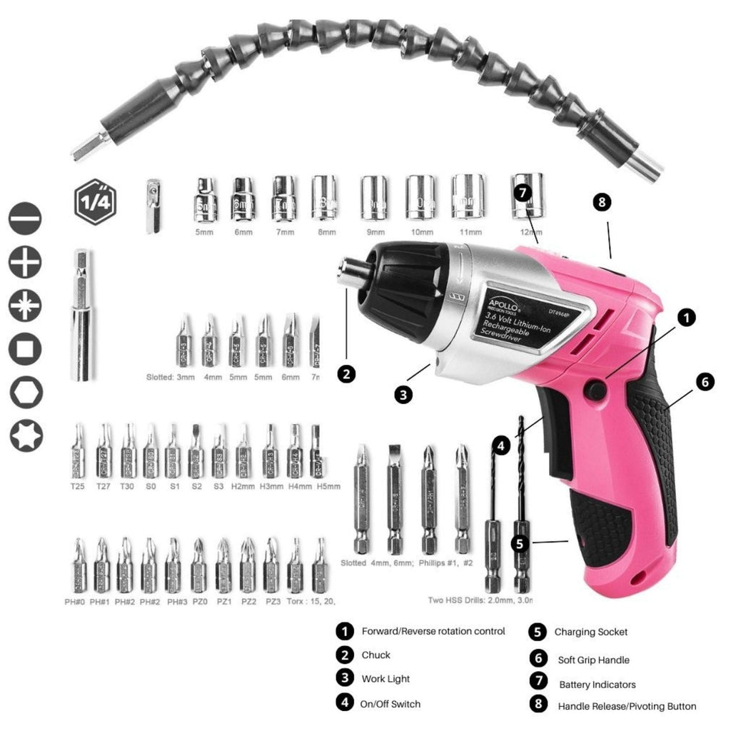 Apollo Tools 3.6 Volt Lithium-Ion Rechargeable Screwdriver with 45 Piece Accessory Set - Pink DT4944P SpadezStore
