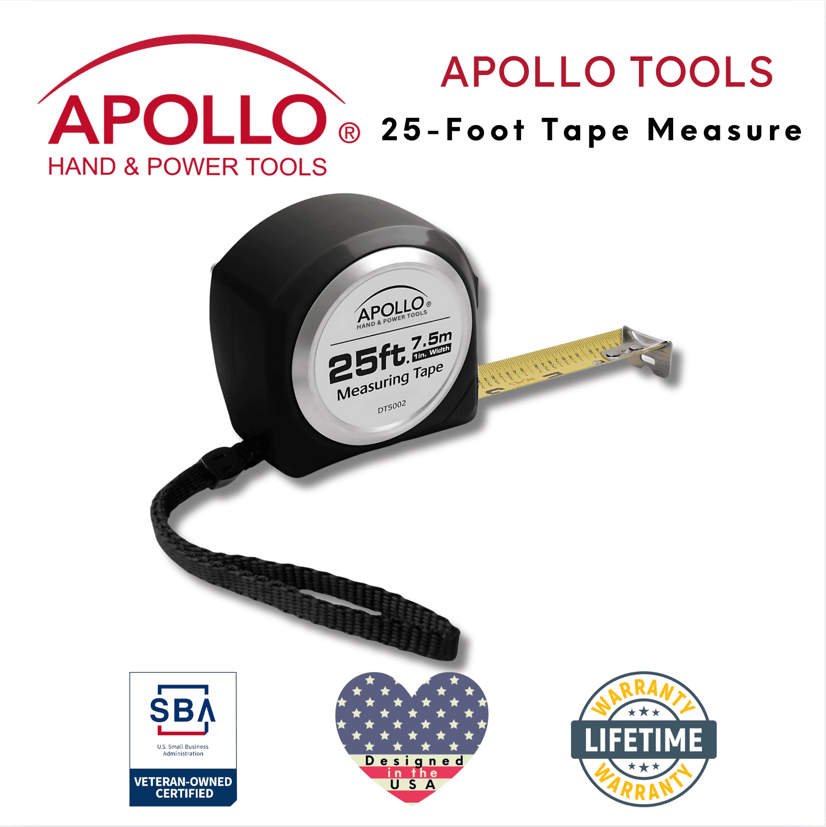 Apollo Tools 25ft. Tape Measure - Black - DT5002 SpadezStore