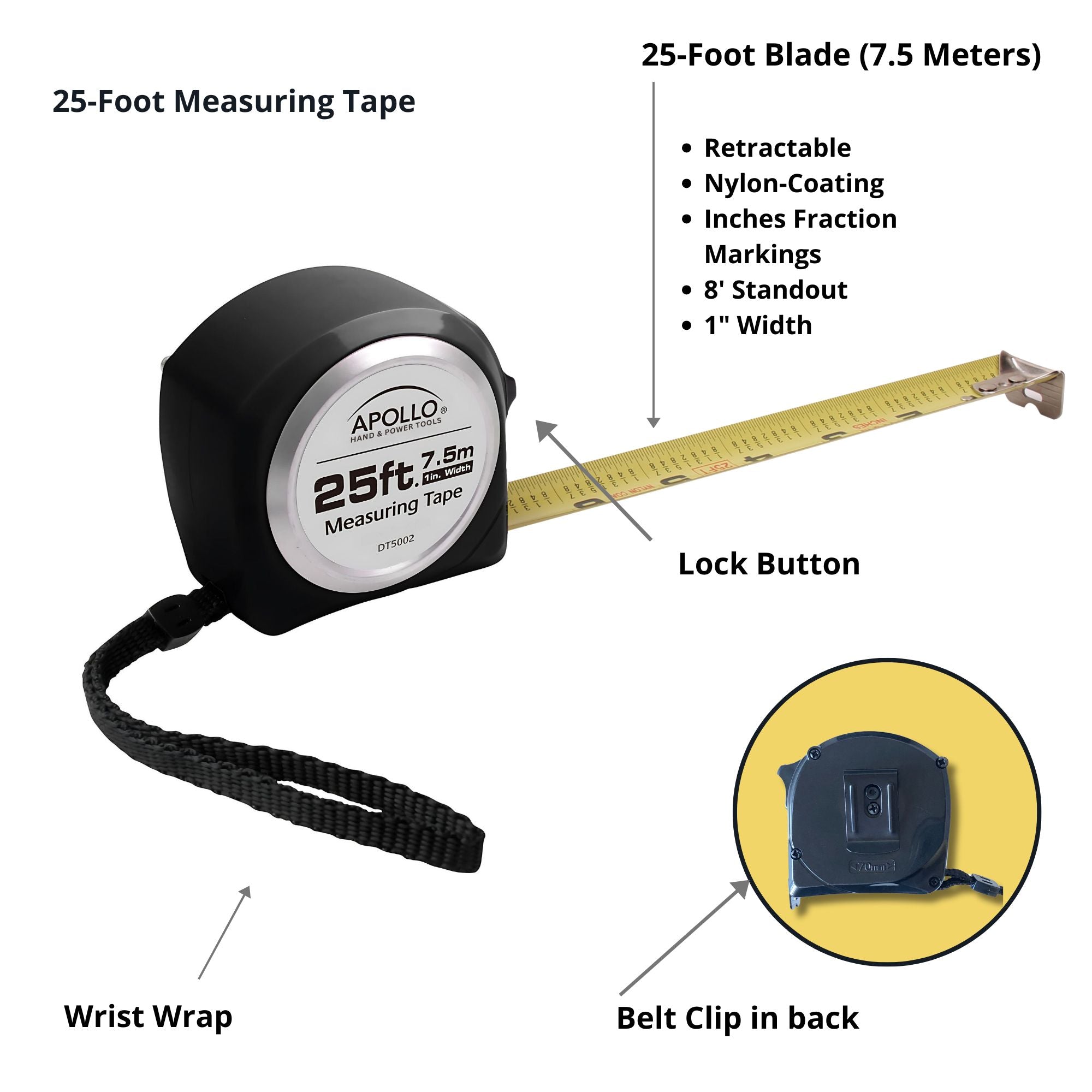 Apollo Tools 25ft. Tape Measure - Black - DT5002 SpadezStore