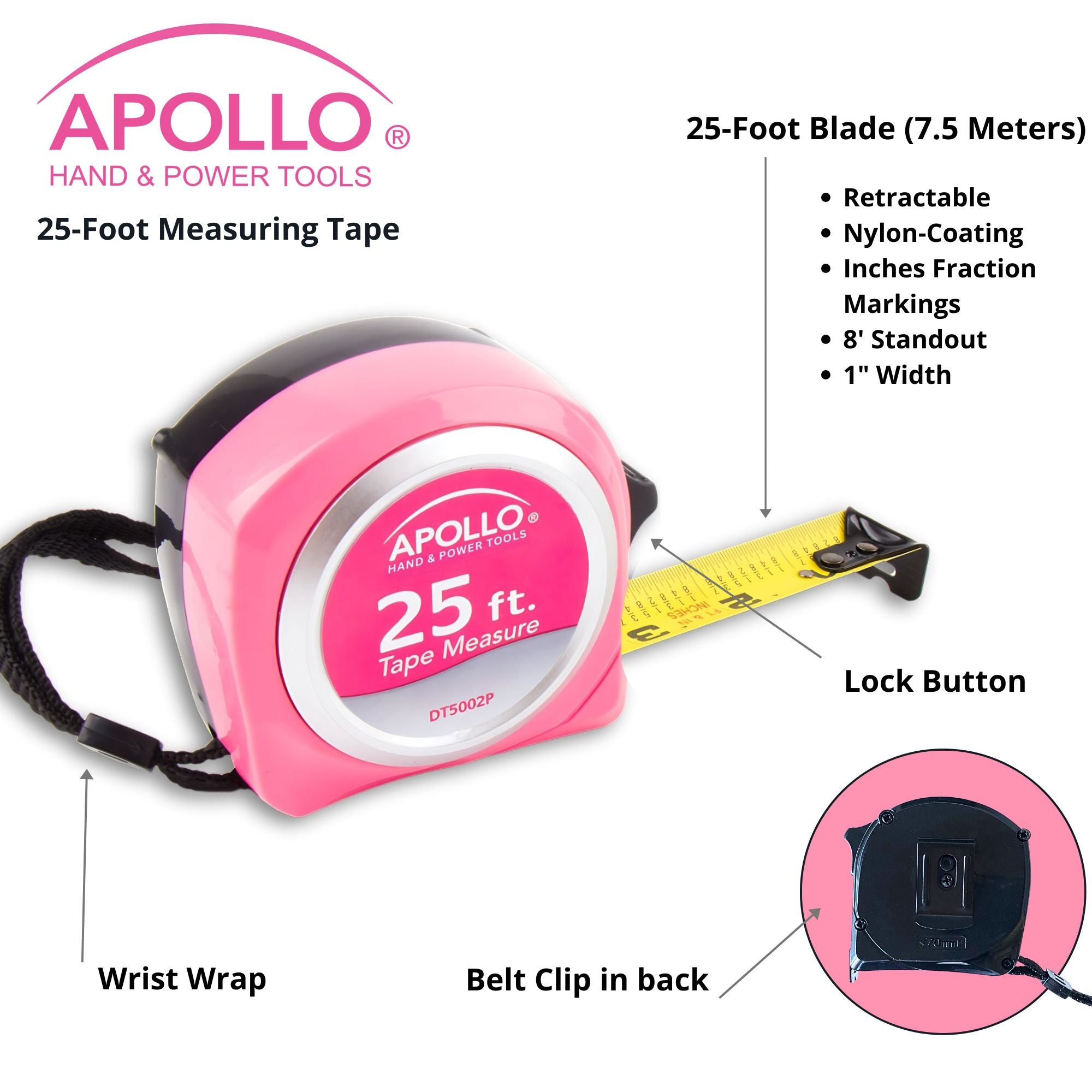 Apollo Tools 25ft. Tape Measure - Pink - DT5002P SpadezStore