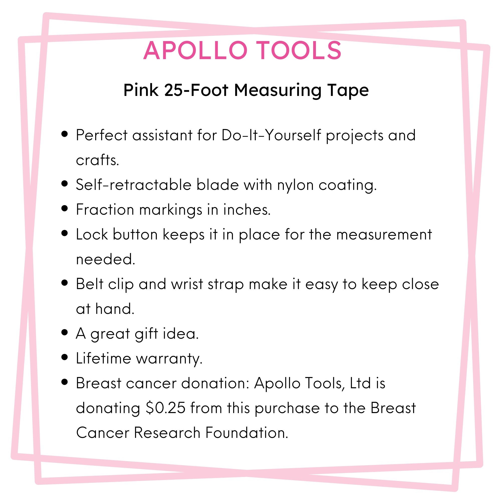 Apollo Tools 25ft. Tape Measure - Pink - DT5002P SpadezStore