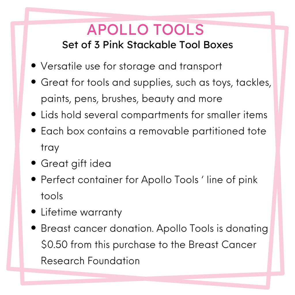 Apollo Tools 3 Piece Tool Box - Pink - DT5005P SpadezStore
