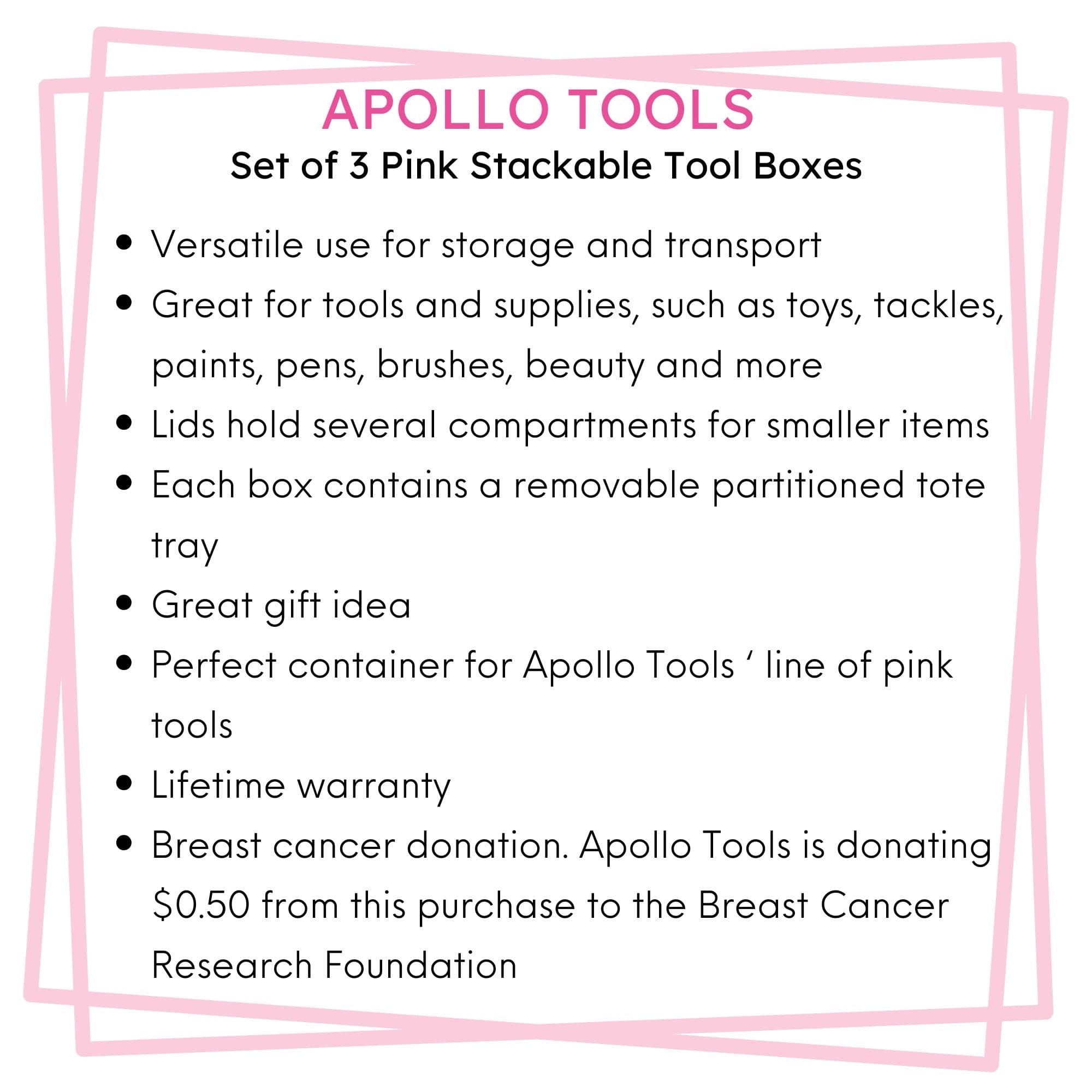 Apollo Tools 3 Piece Tool Box - Pink - DT5005P SpadezStore