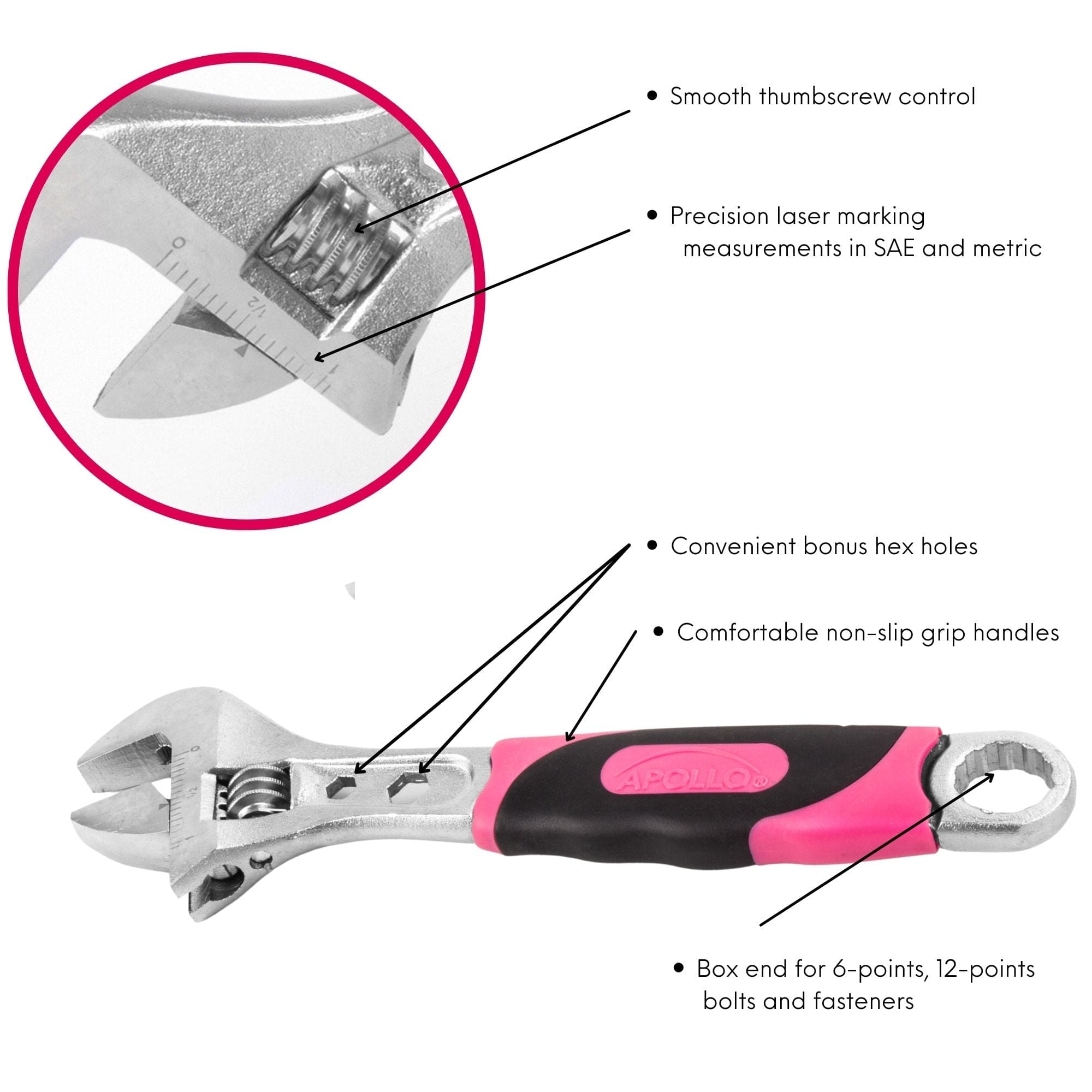 Apollo Tools 2 Adjustable Wrenches - Pink - DT5007P SpadezStore