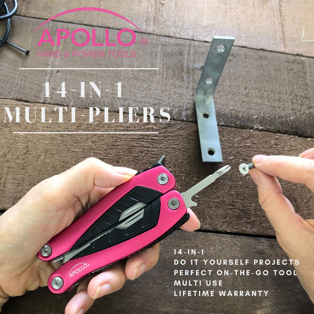 Apollo Tools 14-in-1 Pink High-Quality Pocket Multitool Pliers. Great for Outdoors, Camping, Fishing -DT5015P SpadezStore
