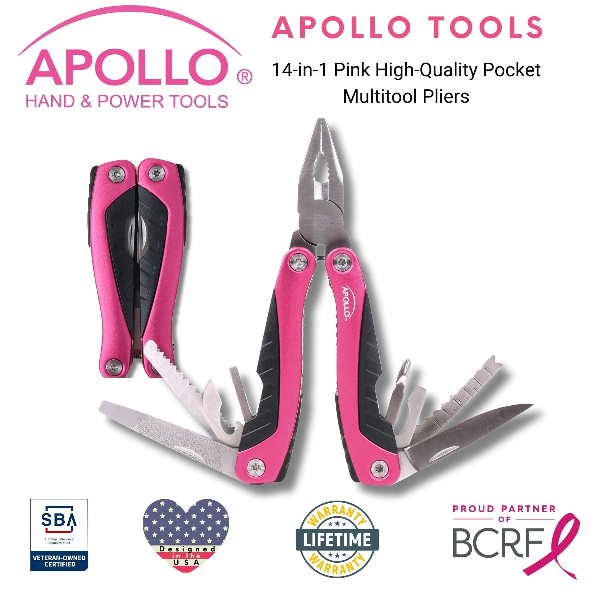 Apollo Tools 14-in-1 Pink High-Quality Pocket Multitool Pliers. Great for Outdoors, Camping, Fishing -DT5015P SpadezStore