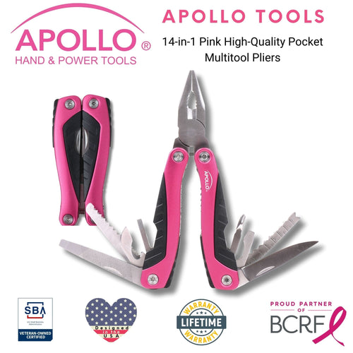 Apollo Tools 14-in-1 Pink High-Quality Pocket Multitool Pliers. Great for Outdoors, Camping, Fishing -DT5015P SpadezStore