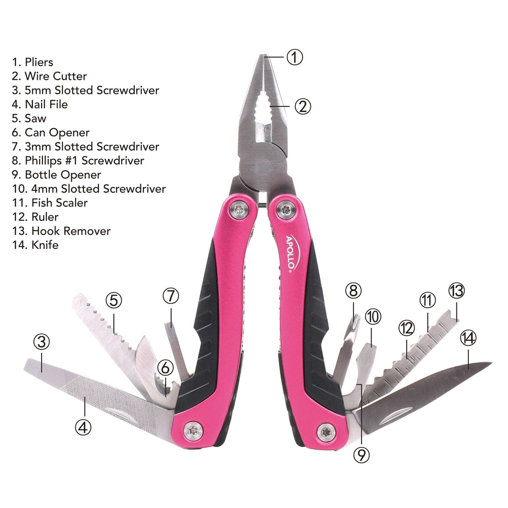 Apollo Tools 14-in-1 Pink High-Quality Pocket Multitool Pliers. Great for Outdoors, Camping, Fishing -DT5015P SpadezStore