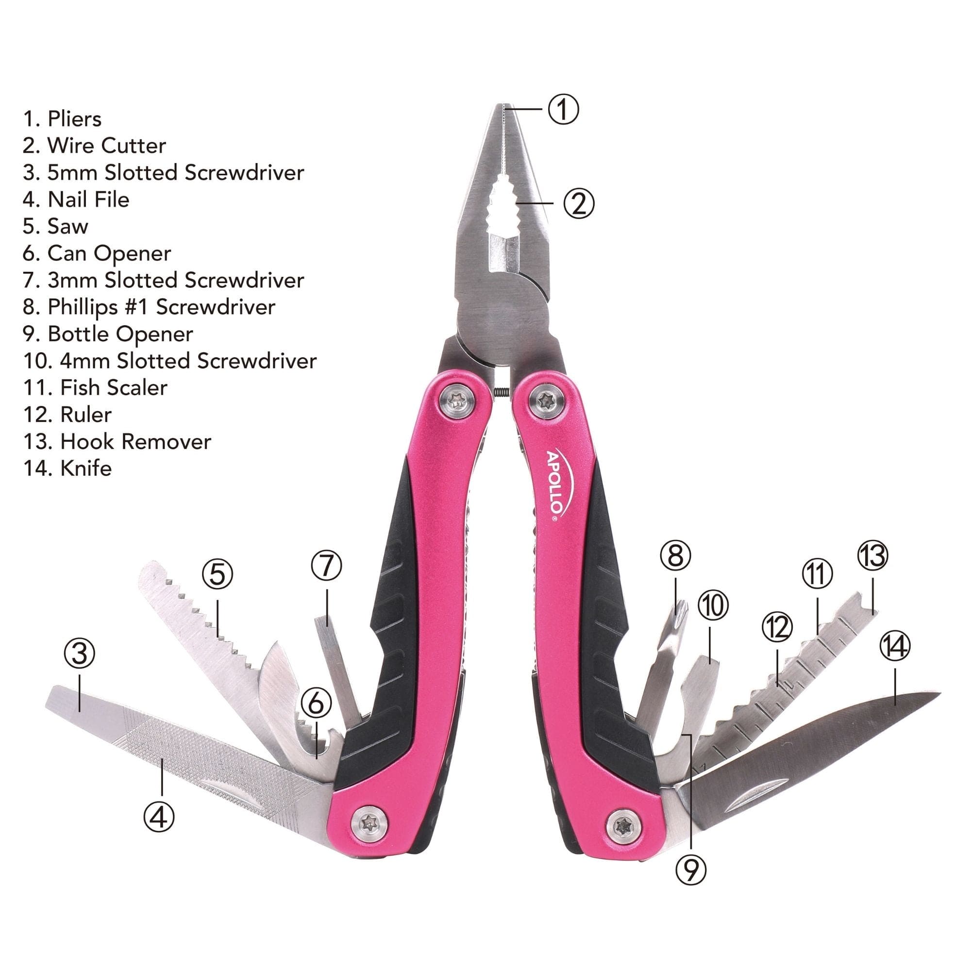 Apollo Tools 14-in-1 Pink High-Quality Pocket Multitool Pliers. Great for Outdoors, Camping, Fishing -DT5015P SpadezStore