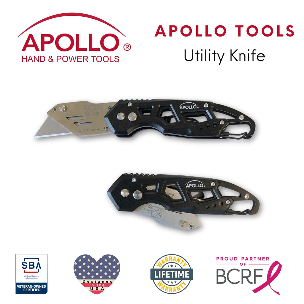 Apollo Tools Ergonomic Stainless Steel, Lightweight, Foldable Black Utility Knife with Carabiner Clip and Fast-Change Blade - DT5017 SpadezStore