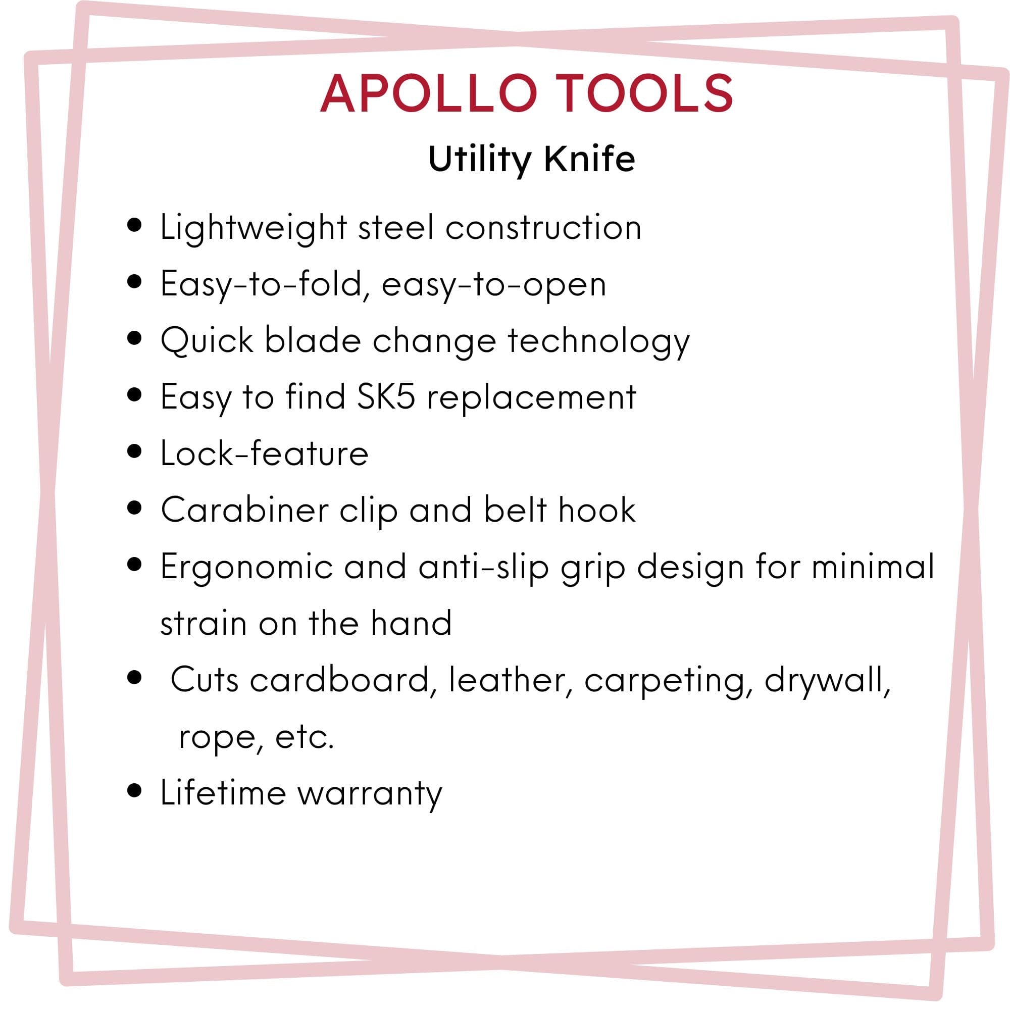 Apollo Tools Ergonomic Stainless Steel, Lightweight, Foldable Black Utility Knife with Carabiner Clip and Fast-Change Blade - DT5017 SpadezStore