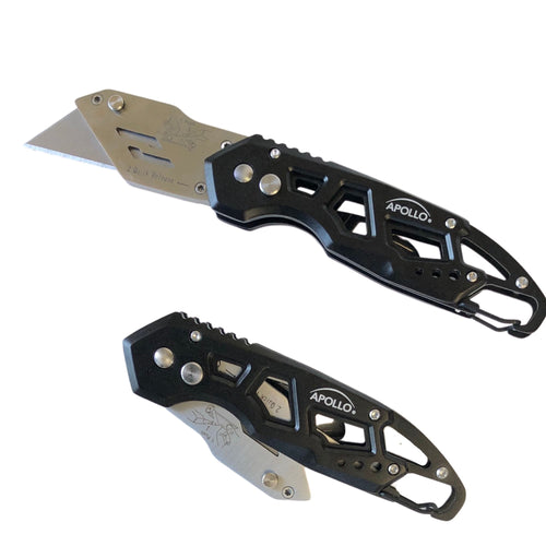 Apollo Tools Ergonomic Stainless Steel, Lightweight, Foldable Black Utility Knife with Carabiner Clip and Fast-Change Blade - DT5017 SpadezStore