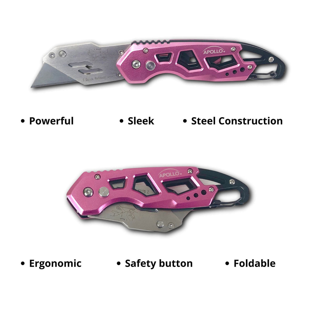 Apollo Tools Ergonomic Stainless Steel, Lightweight, Foldable Pink Utility Knife with Carabiner Clip and Fast-Change Blade - DT5017P SpadezStore