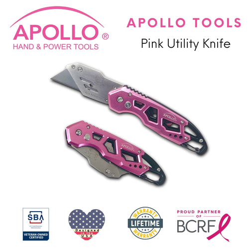 Apollo Tools Ergonomic Stainless Steel, Lightweight, Foldable Pink Utility Knife with Carabiner Clip and Fast-Change Blade - DT5017P SpadezStore