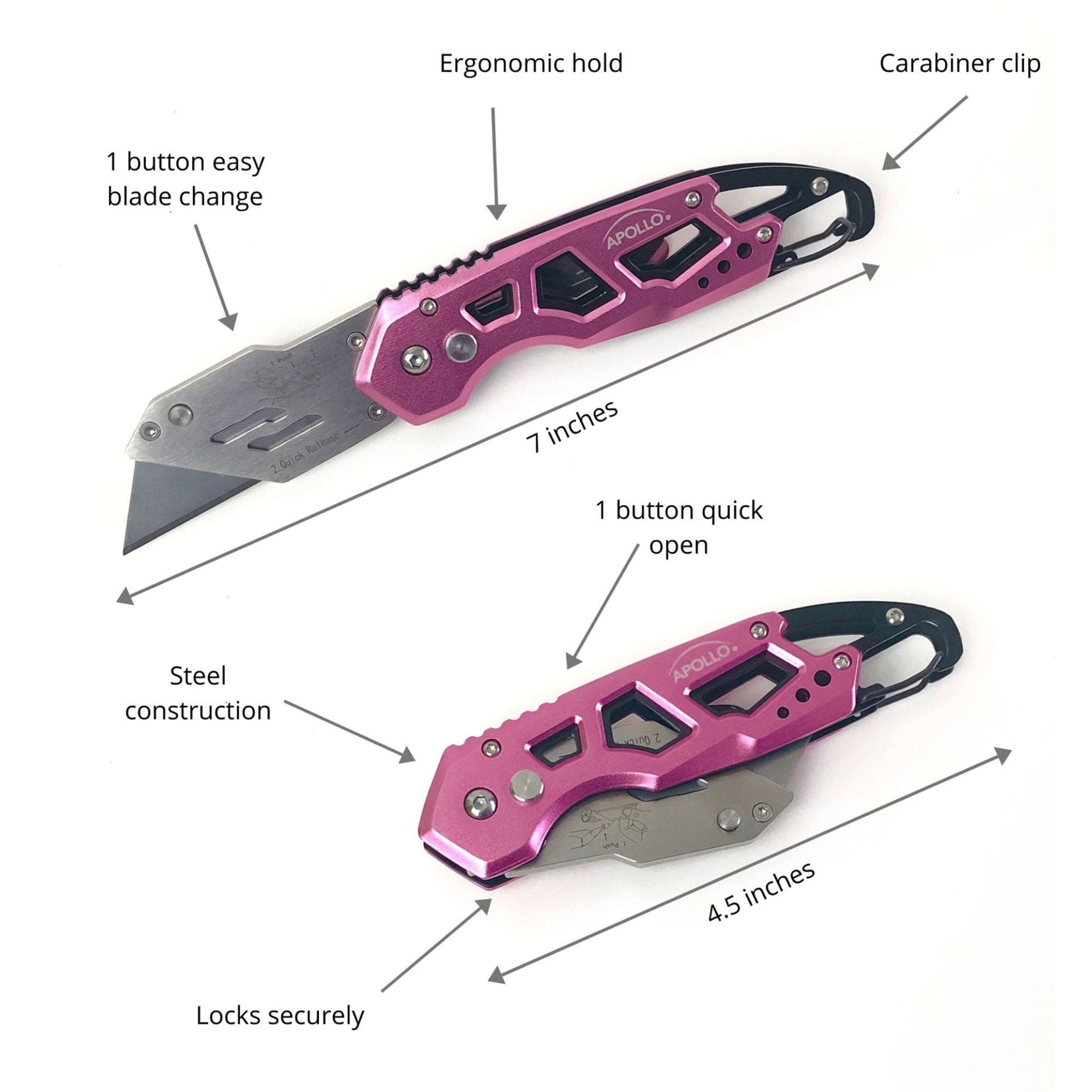 Apollo Tools Ergonomic Stainless Steel, Lightweight, Foldable Pink Utility Knife with Carabiner Clip and Fast-Change Blade - DT5017P SpadezStore